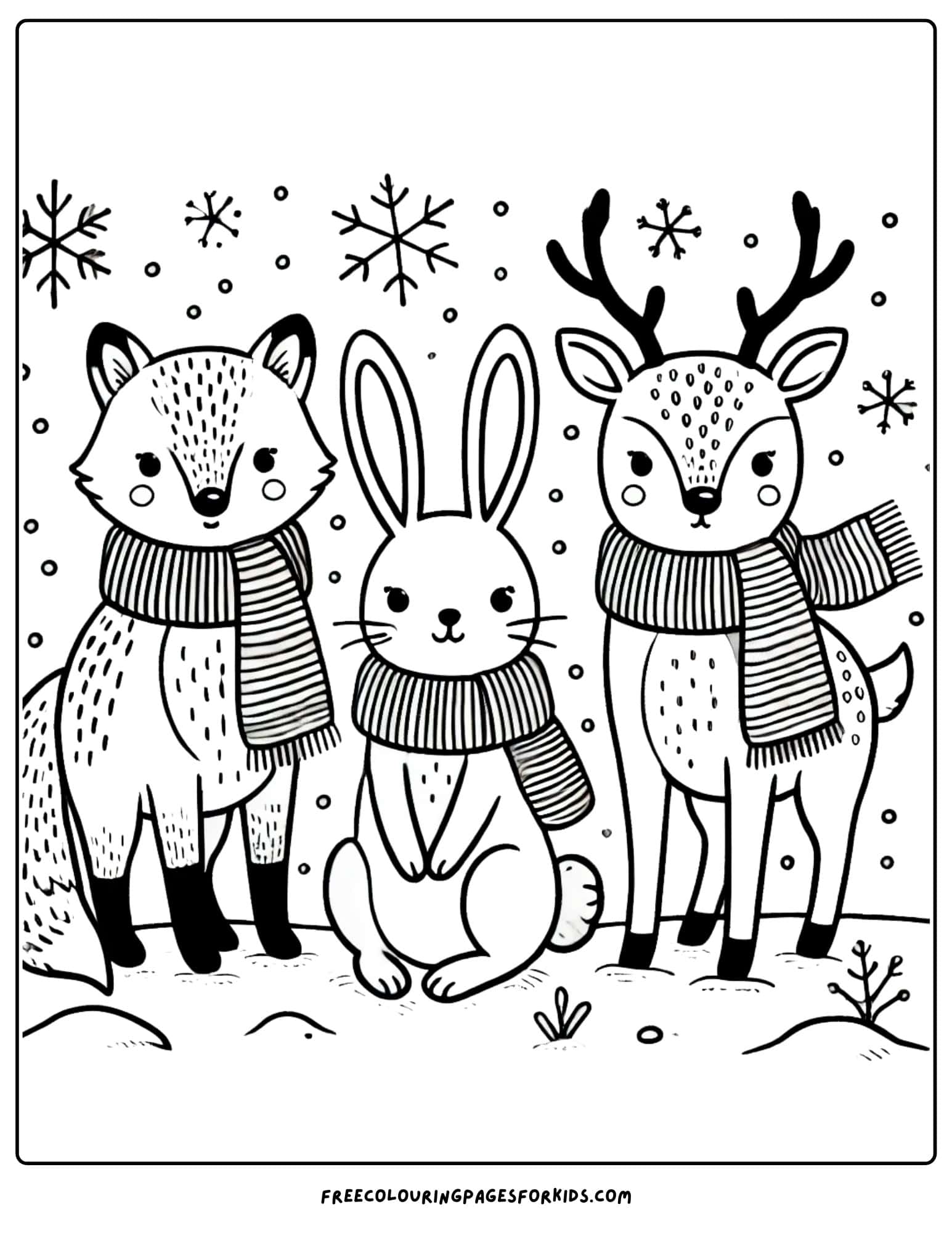 snow animals wearing scarves coloring page