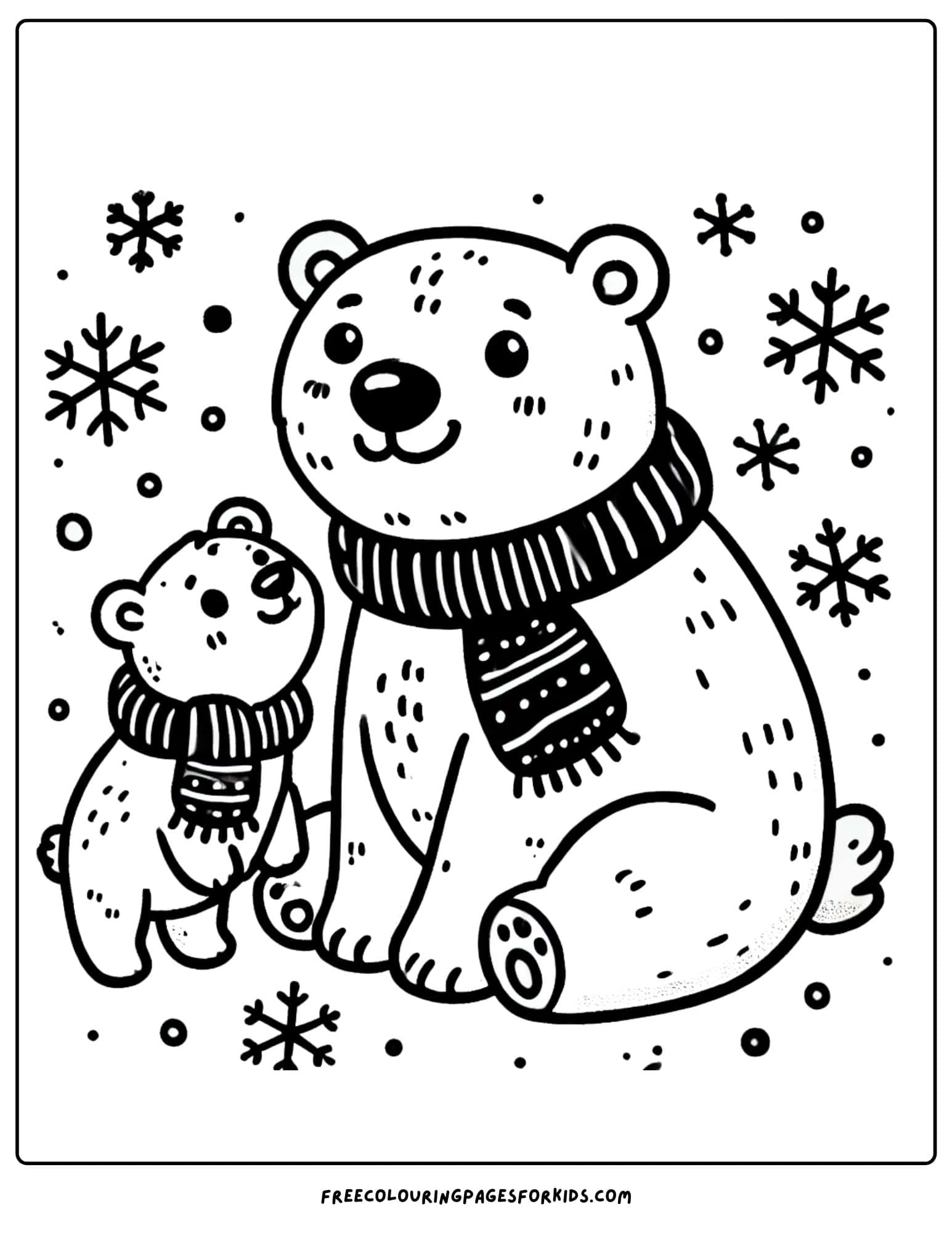 snow falling around a polar bear and cub coloring page