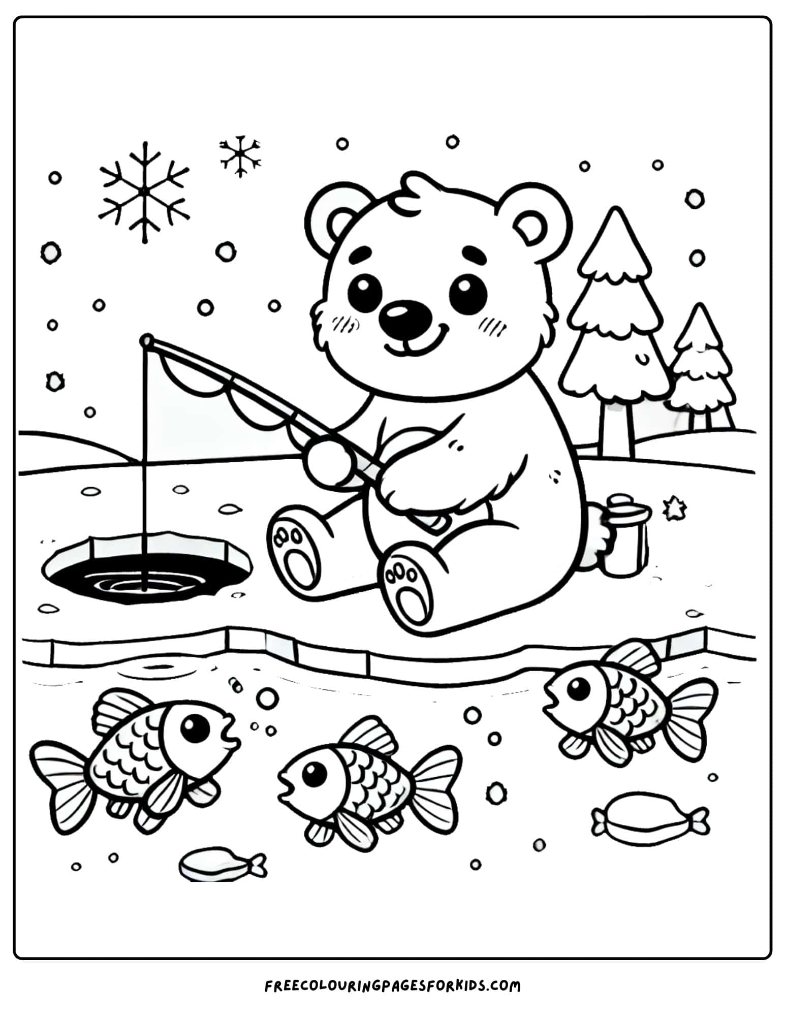 snowy polar bear fishing in the ice coloring page