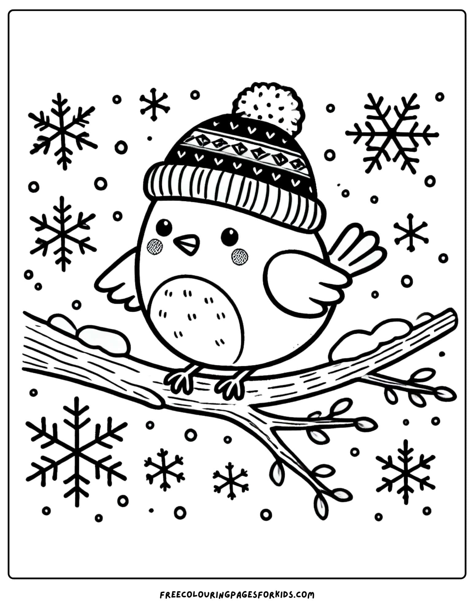 snow bird wearing a hat coloring page