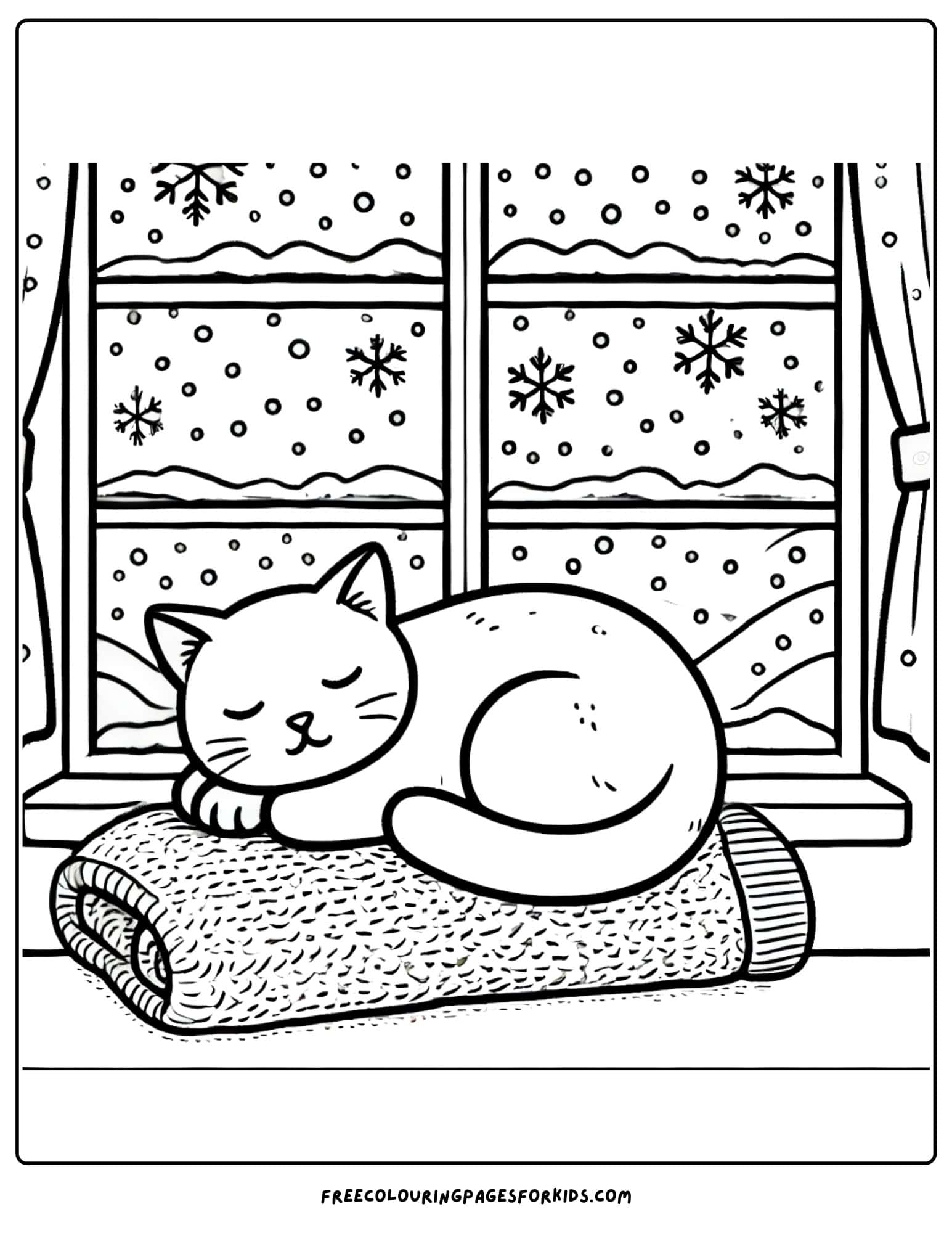 snow falling outside as a cat sits warm on a windowsill coloring page