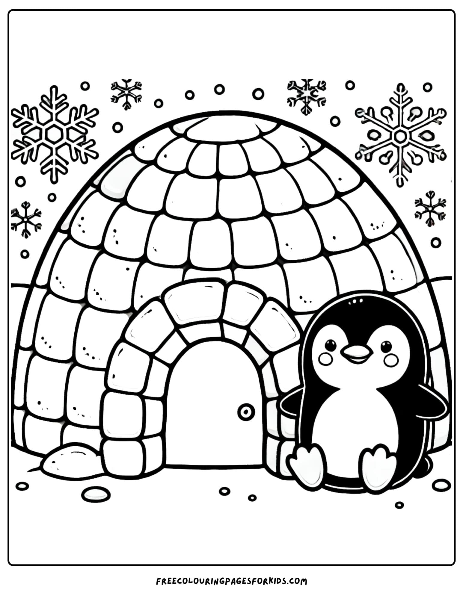 snow time igloo and penguin coloring page