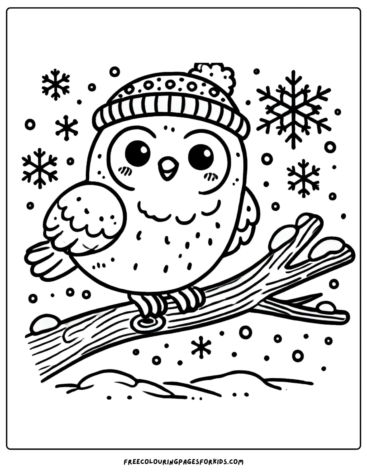 snow time owl wearing a warm hat coloring page