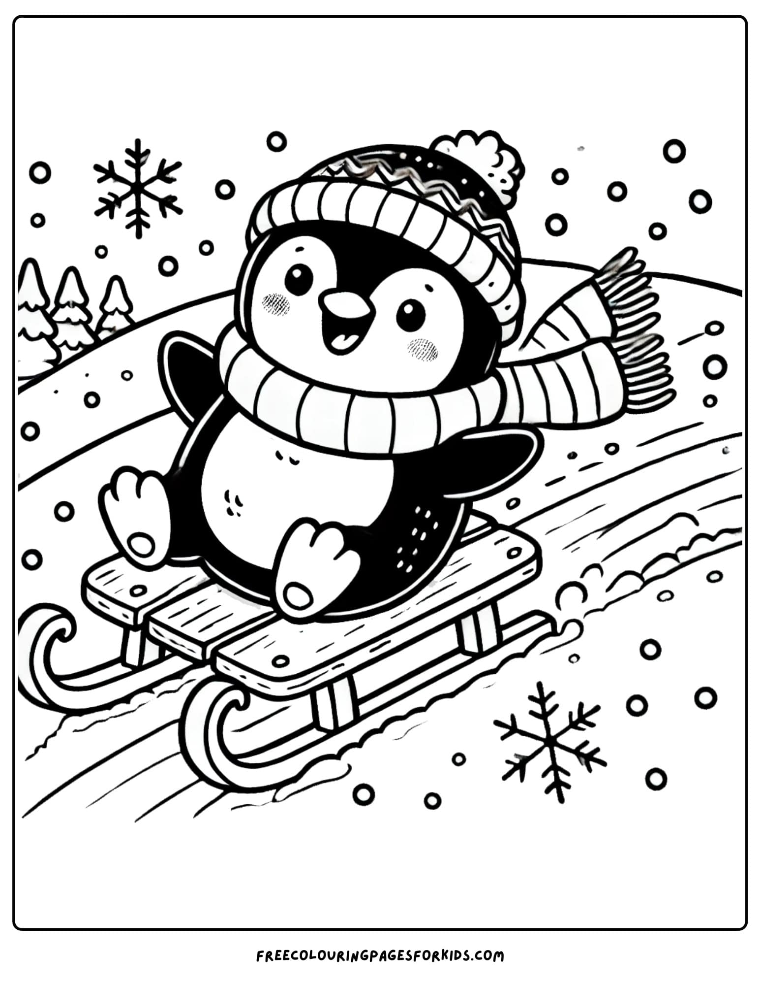 snow sledding fun coloring page