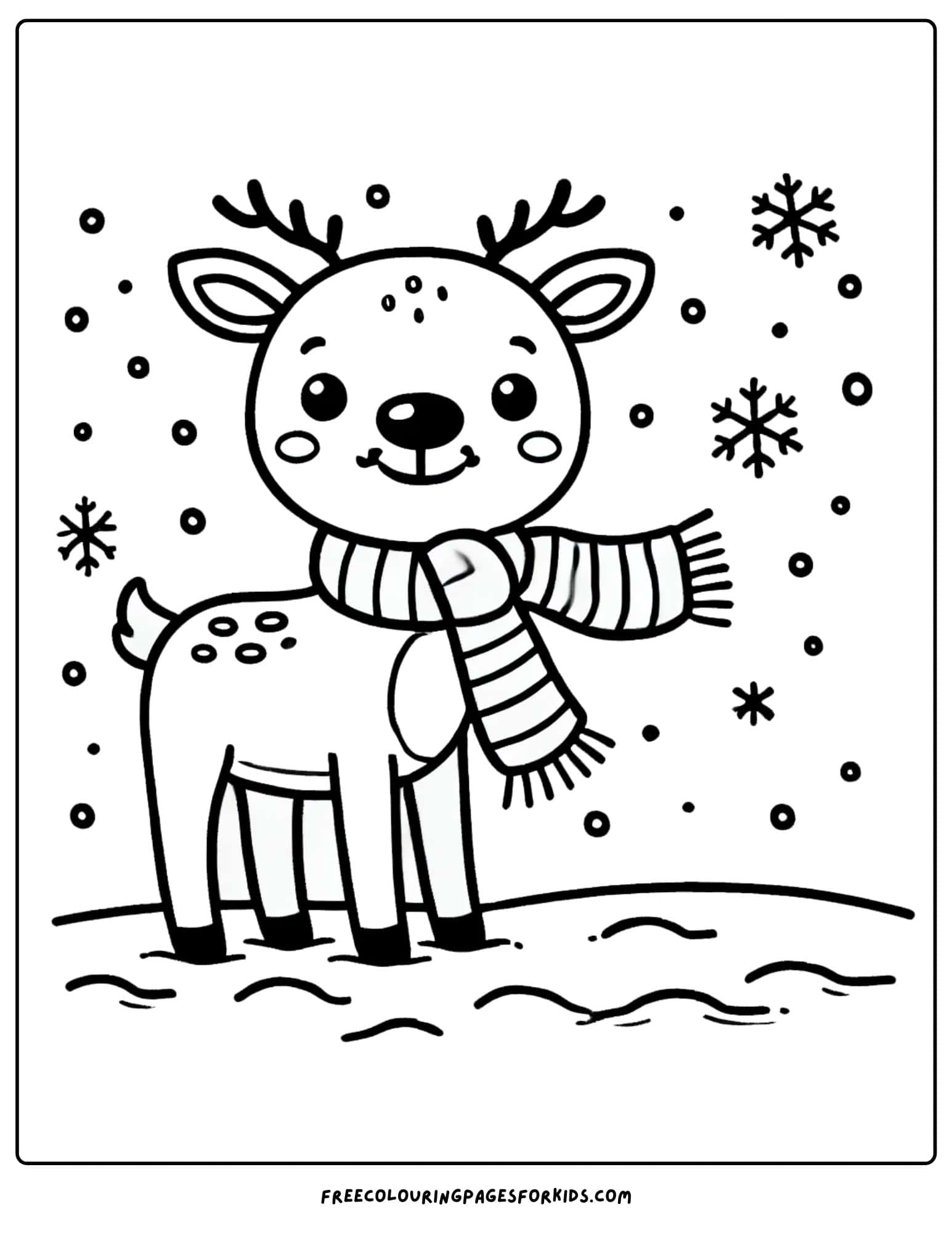 snow scene with a reindeer coloring page