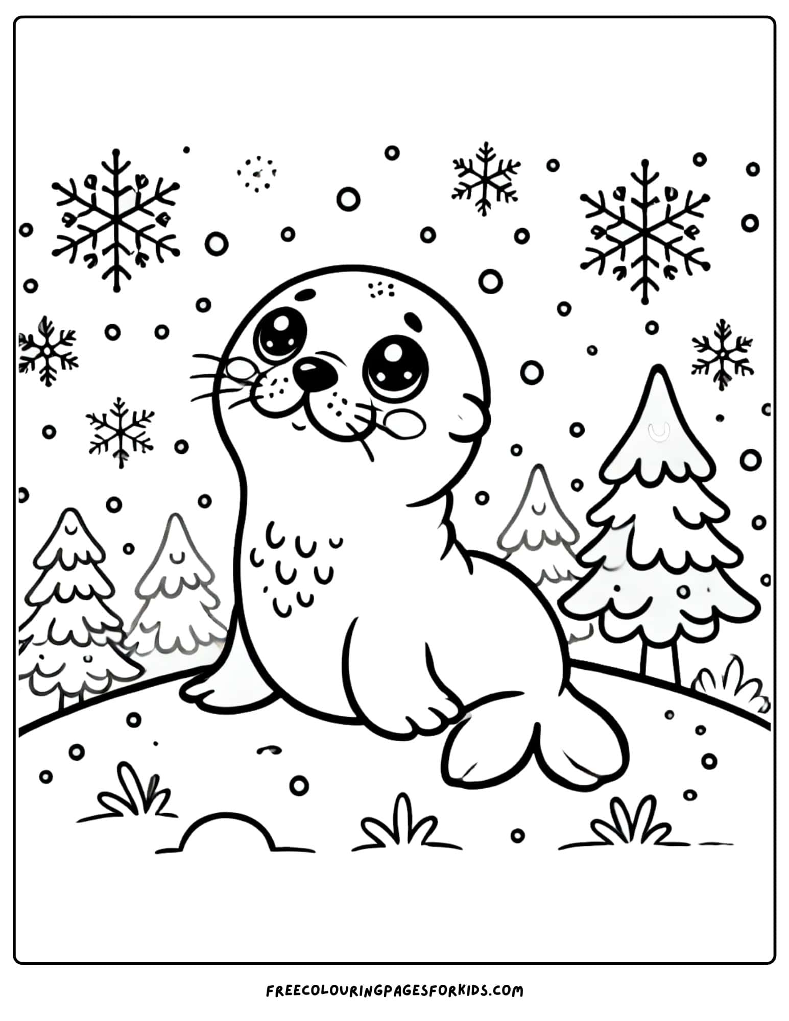 snow scene with a seal coloring page