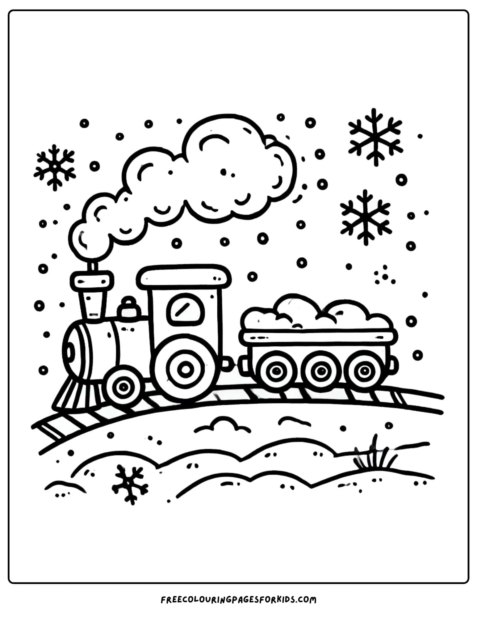 snowy scene with a train puffing along coloring page