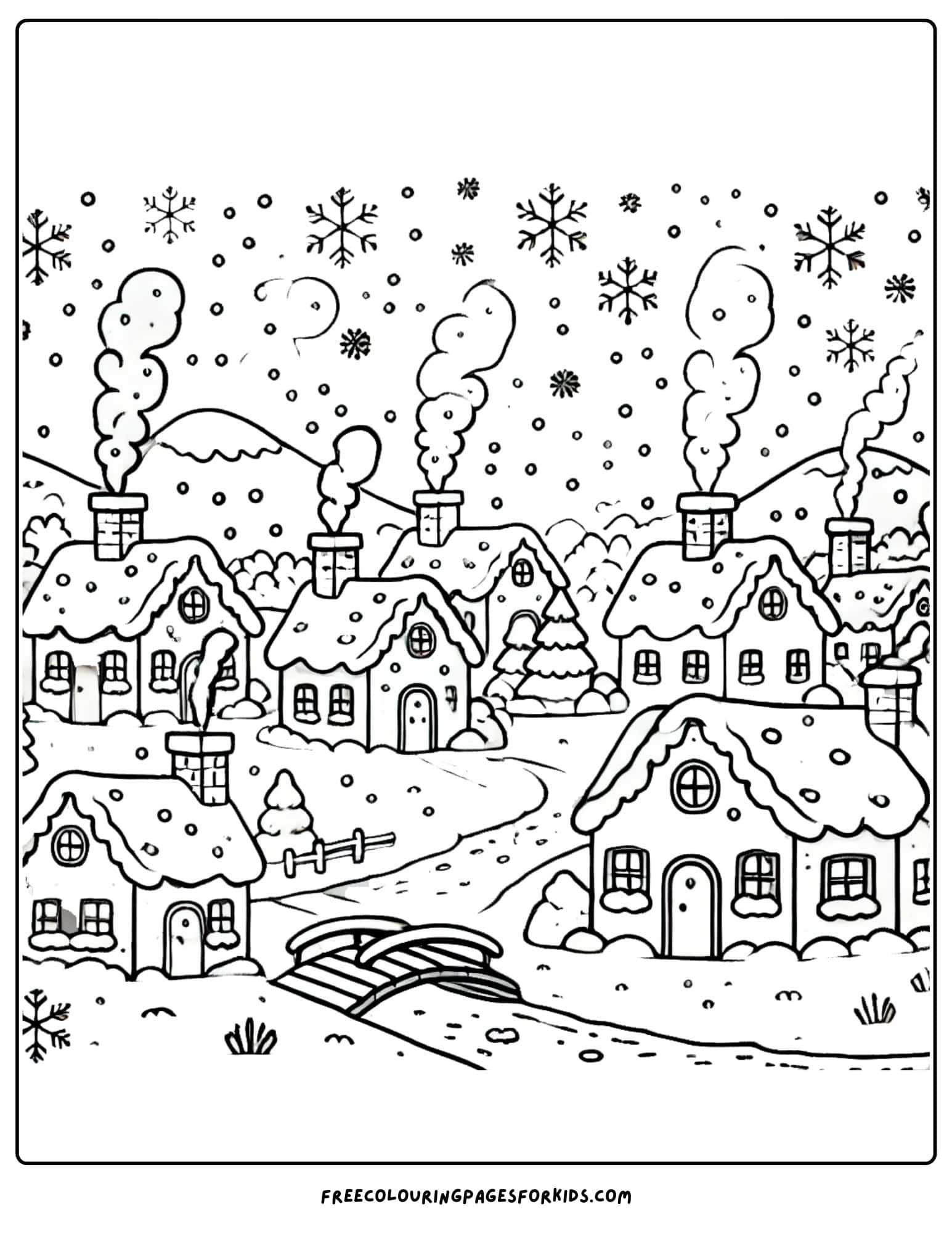 snow covered village coloring page