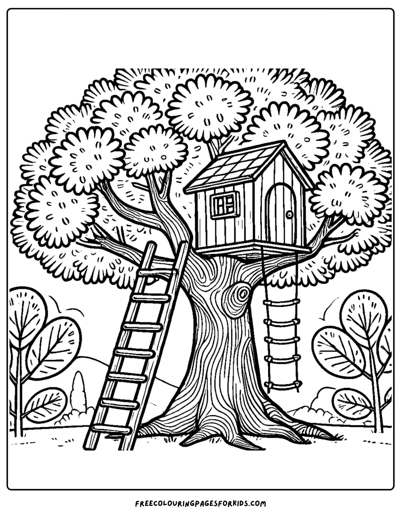 tree with a treehouse coloring page