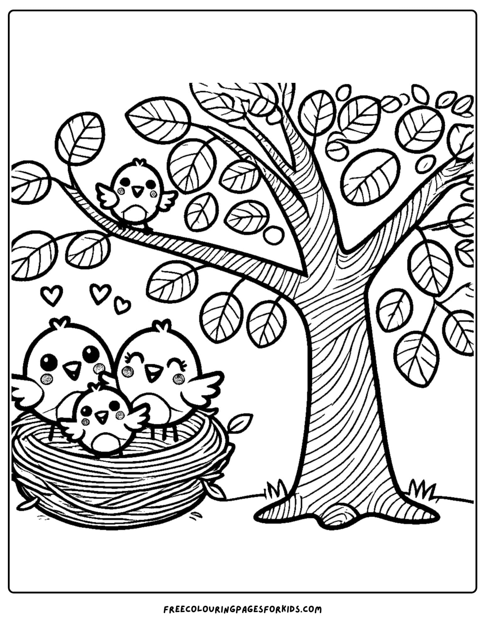 tree with a bird family coloring page