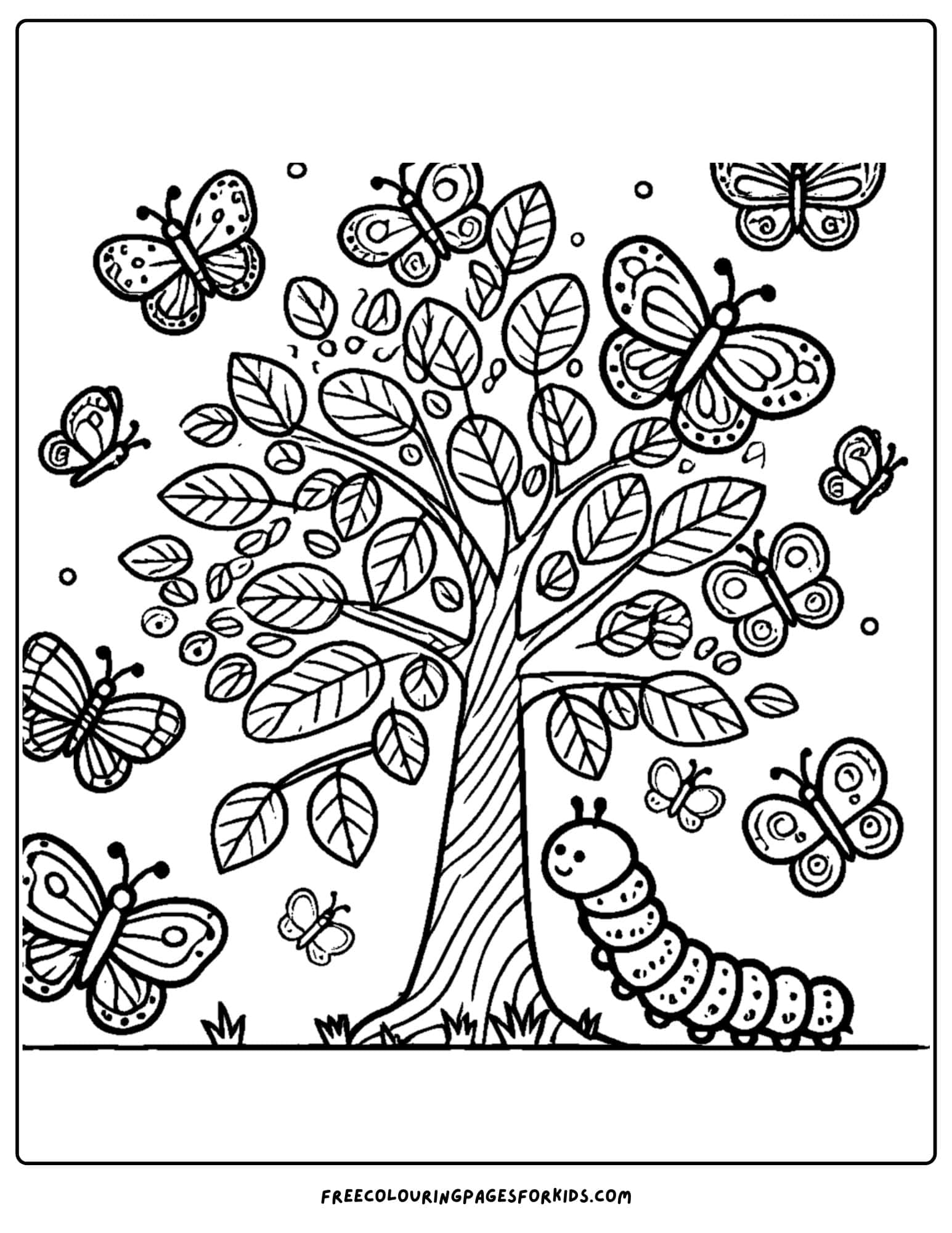 tree with butterflies and caterpillars coloring page