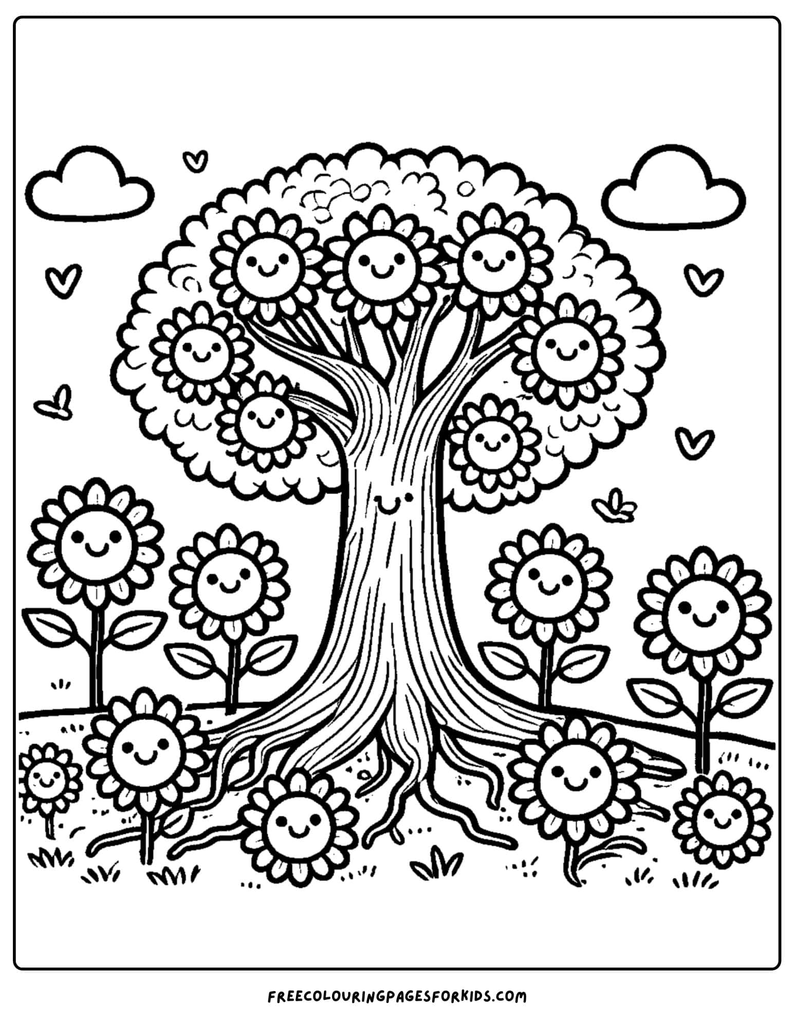 tree with cheerful sunflowers coloring page