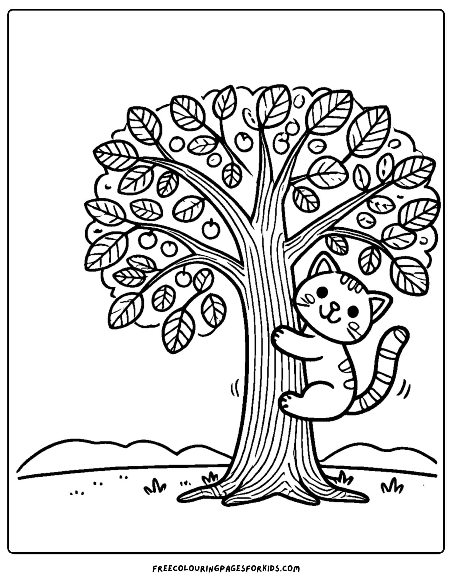 tree with a cat climbing it coloring page