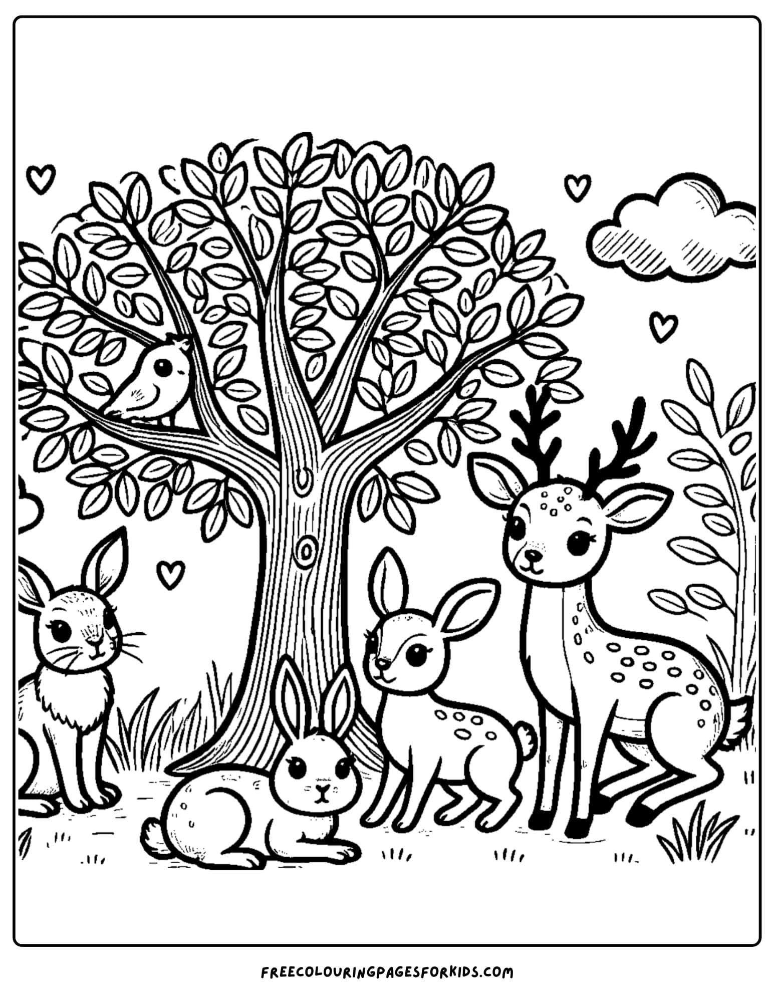 tree with deer and rabbits coloring page