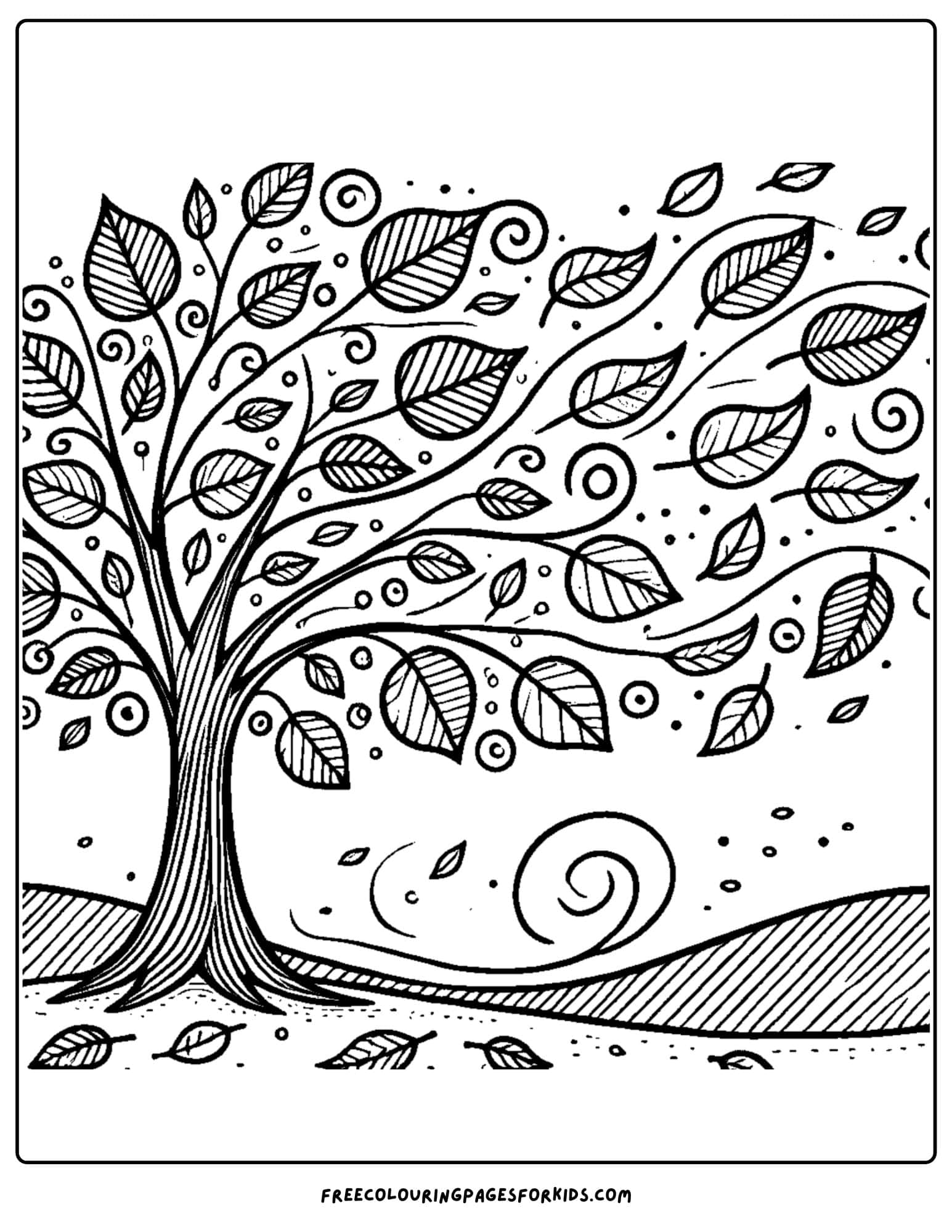 tree with falling leaves in the wind coloring page