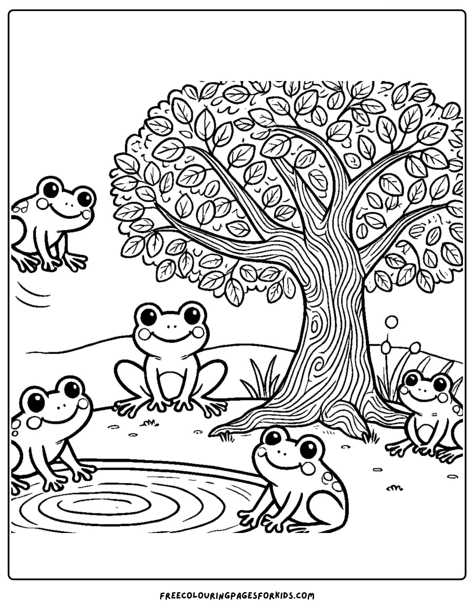 tree with frogs in a pond below coloring page