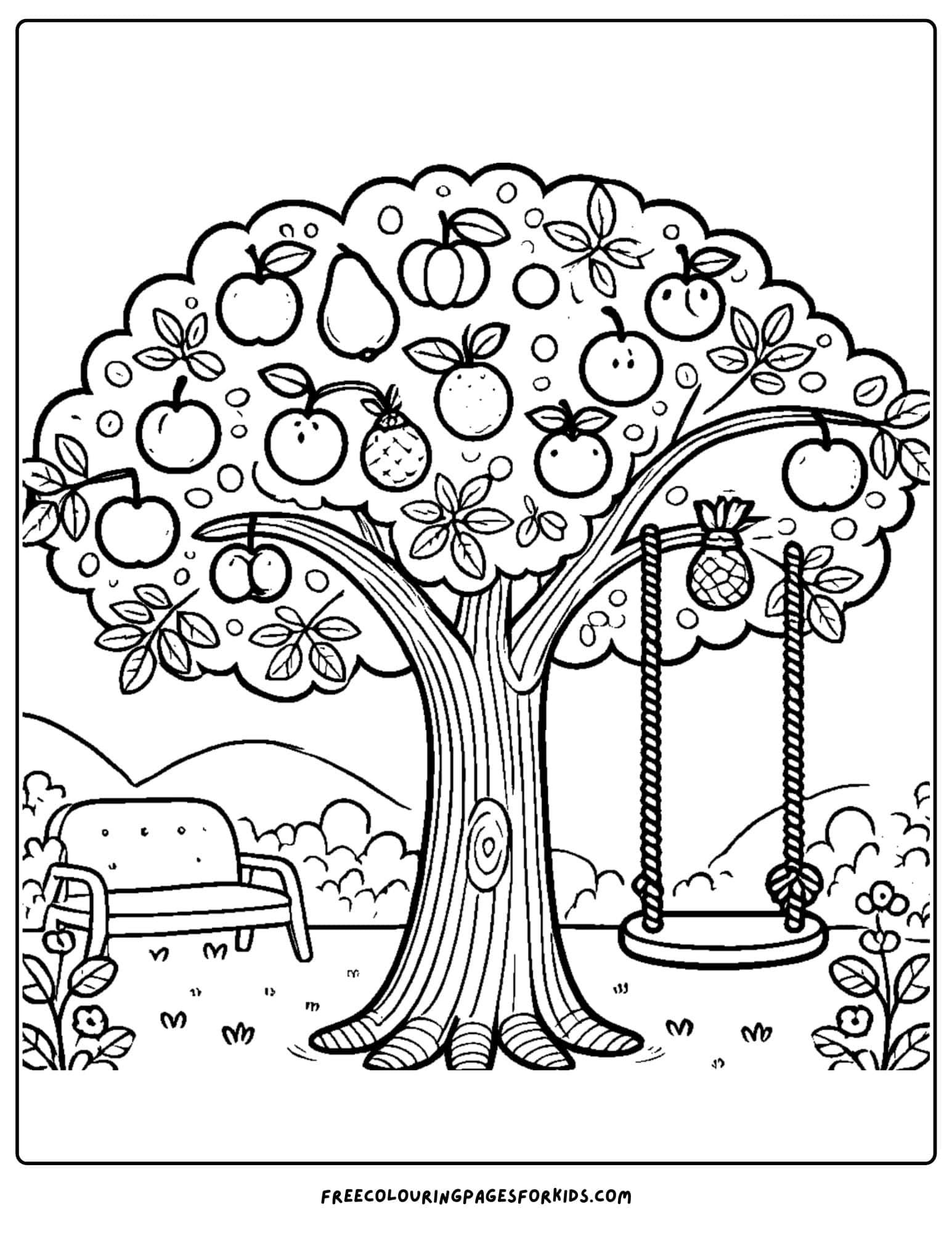 tree with fruit and a swing coloring page