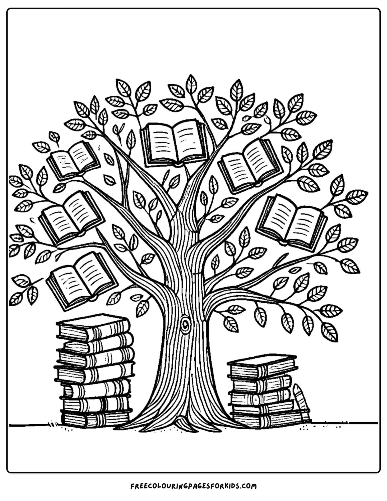 tree with books growing out of it coloring page