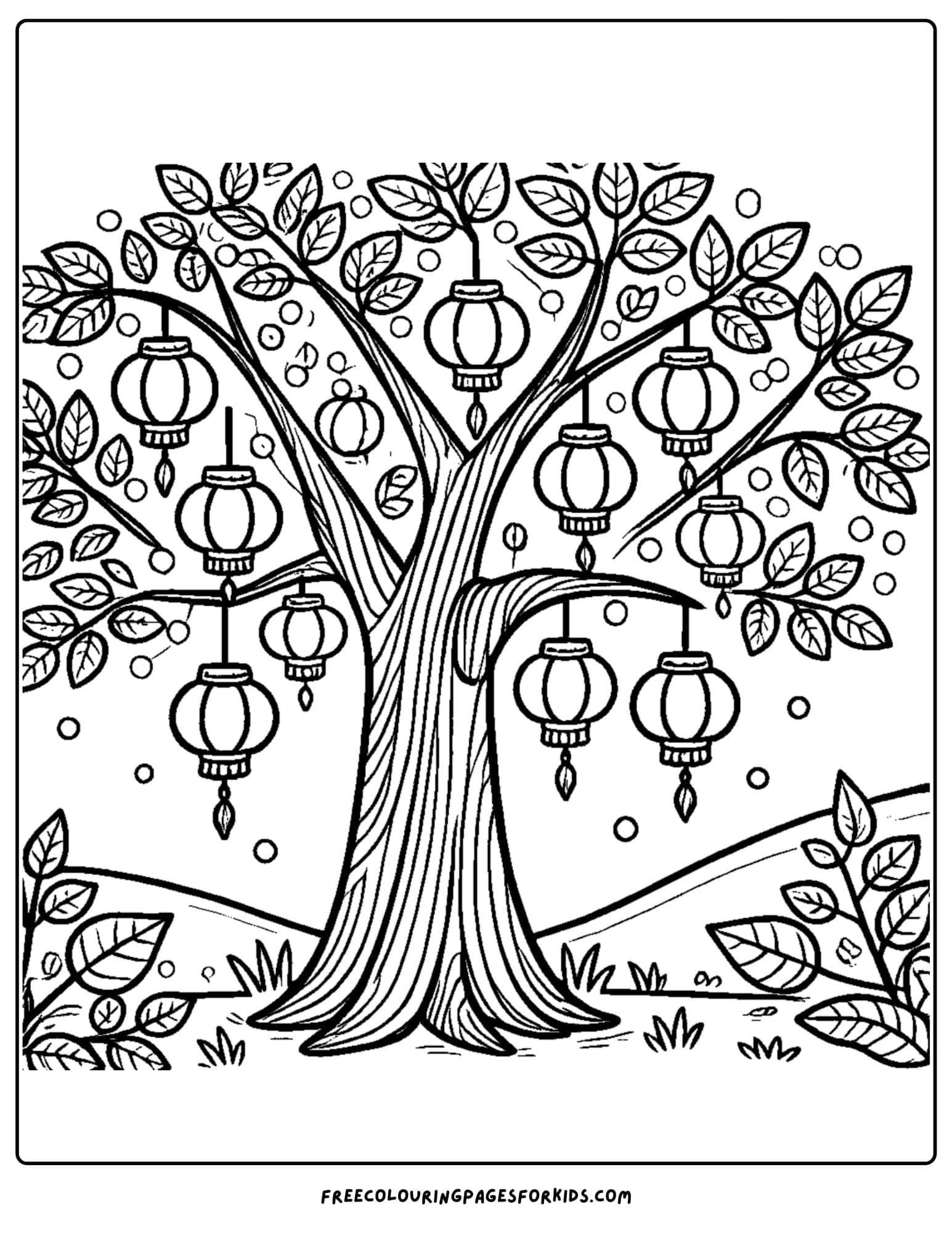 tree with happy lanterns coloring page