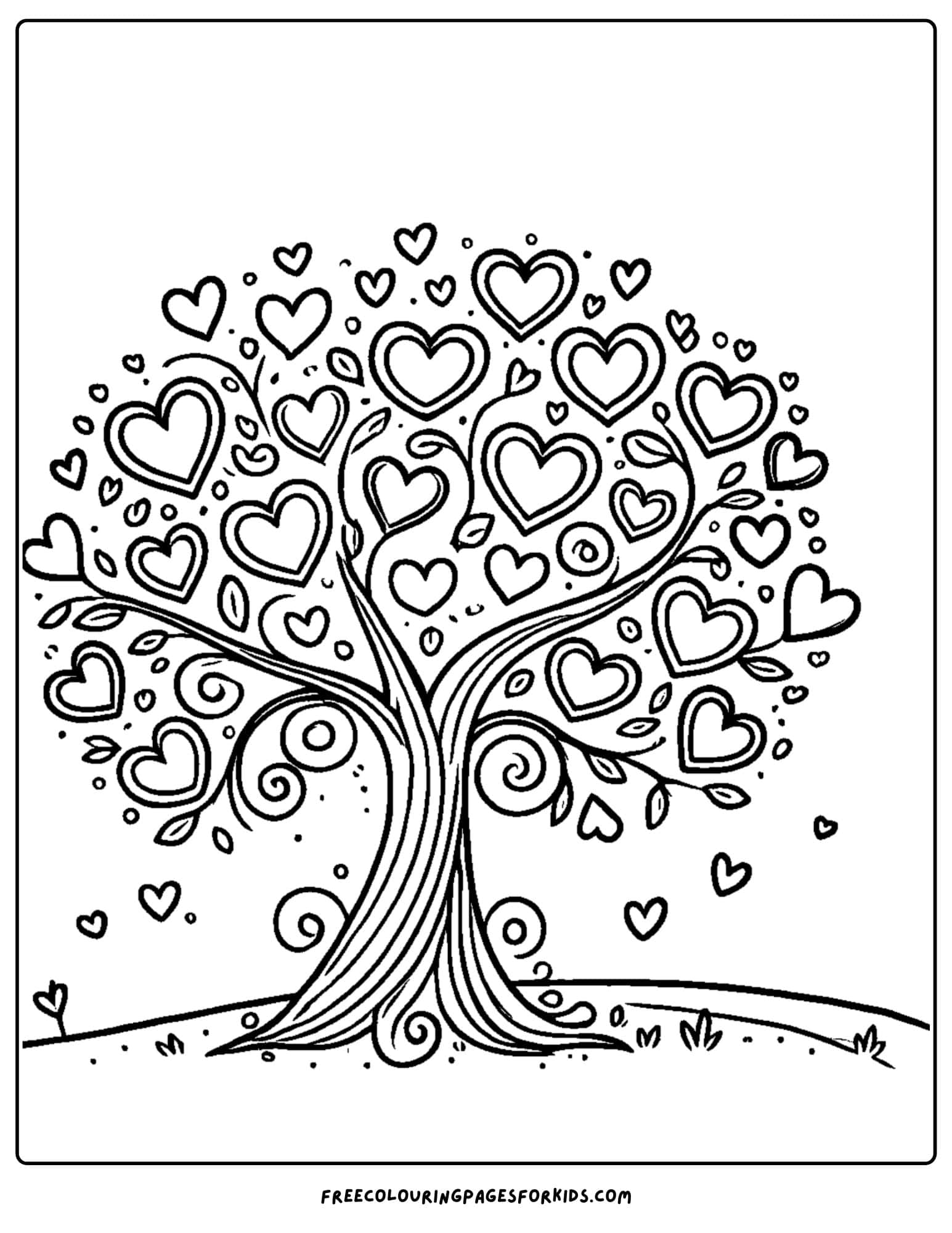 tree with heart leaves coloring page