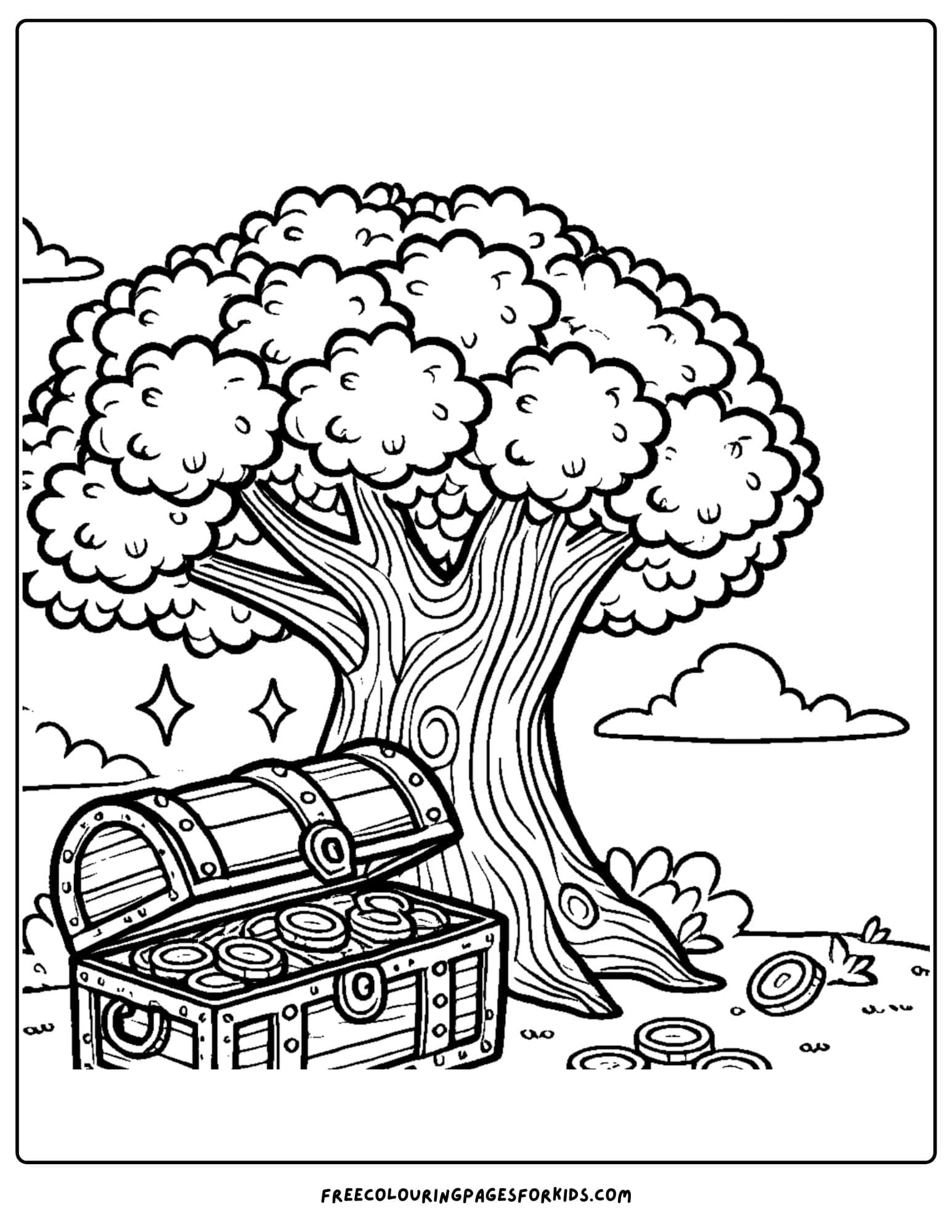 tree with a treasure chest coloring page