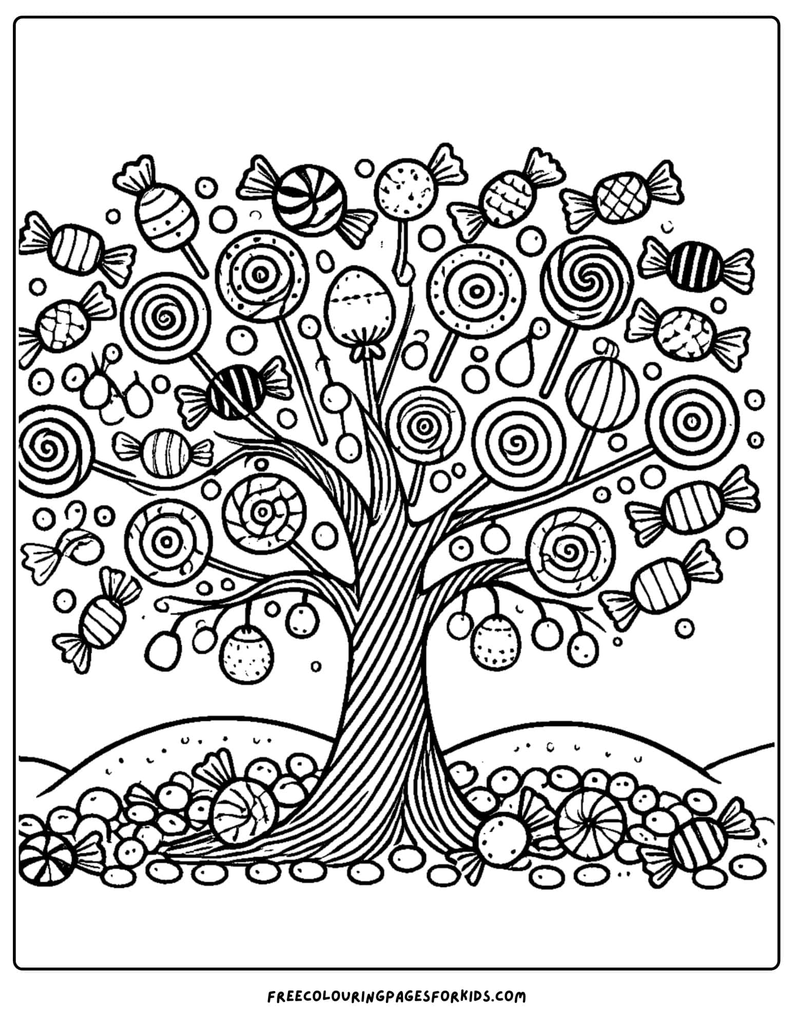 tree with lollipop candies as leaves coloring page