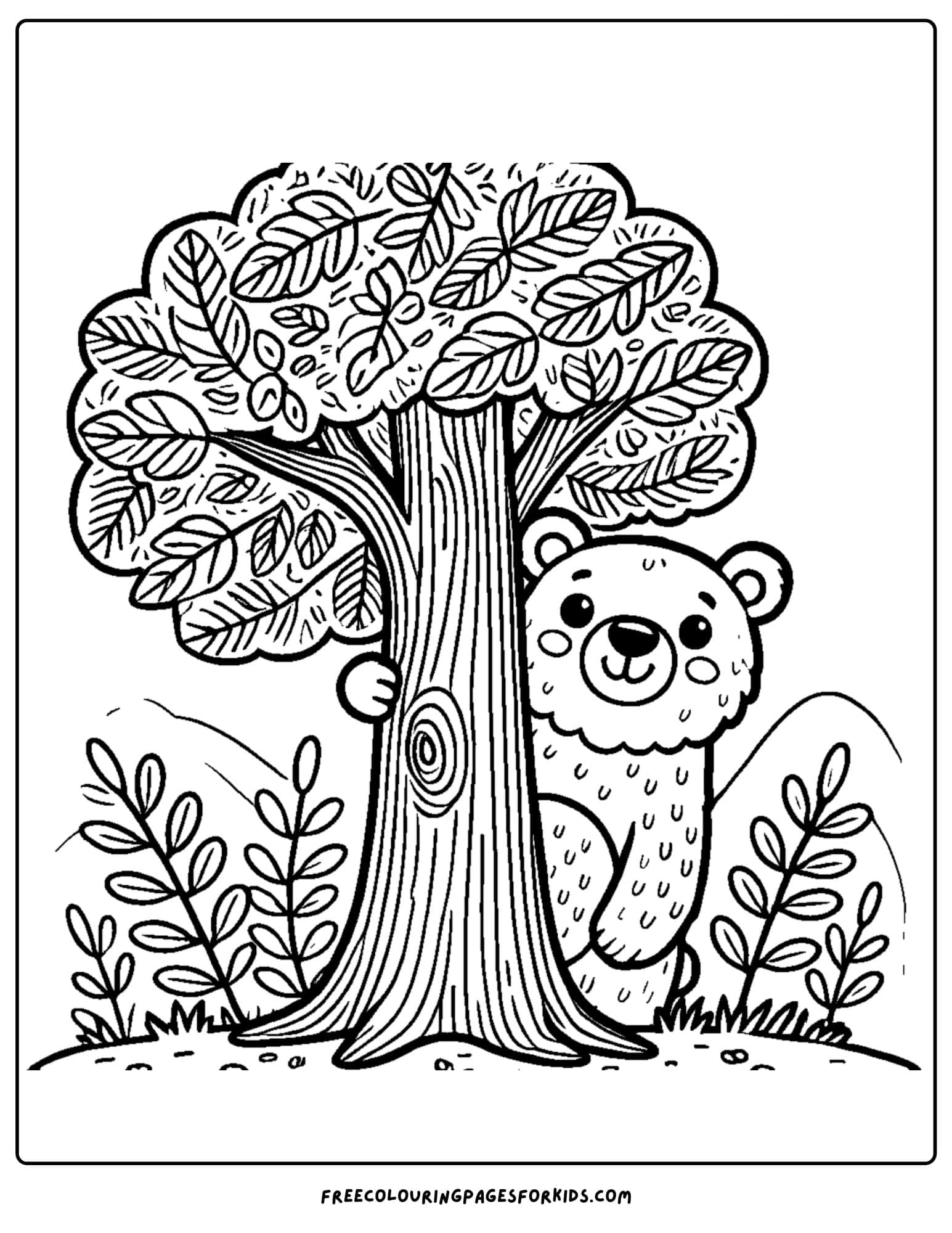 tree with a peeking bear coloring page