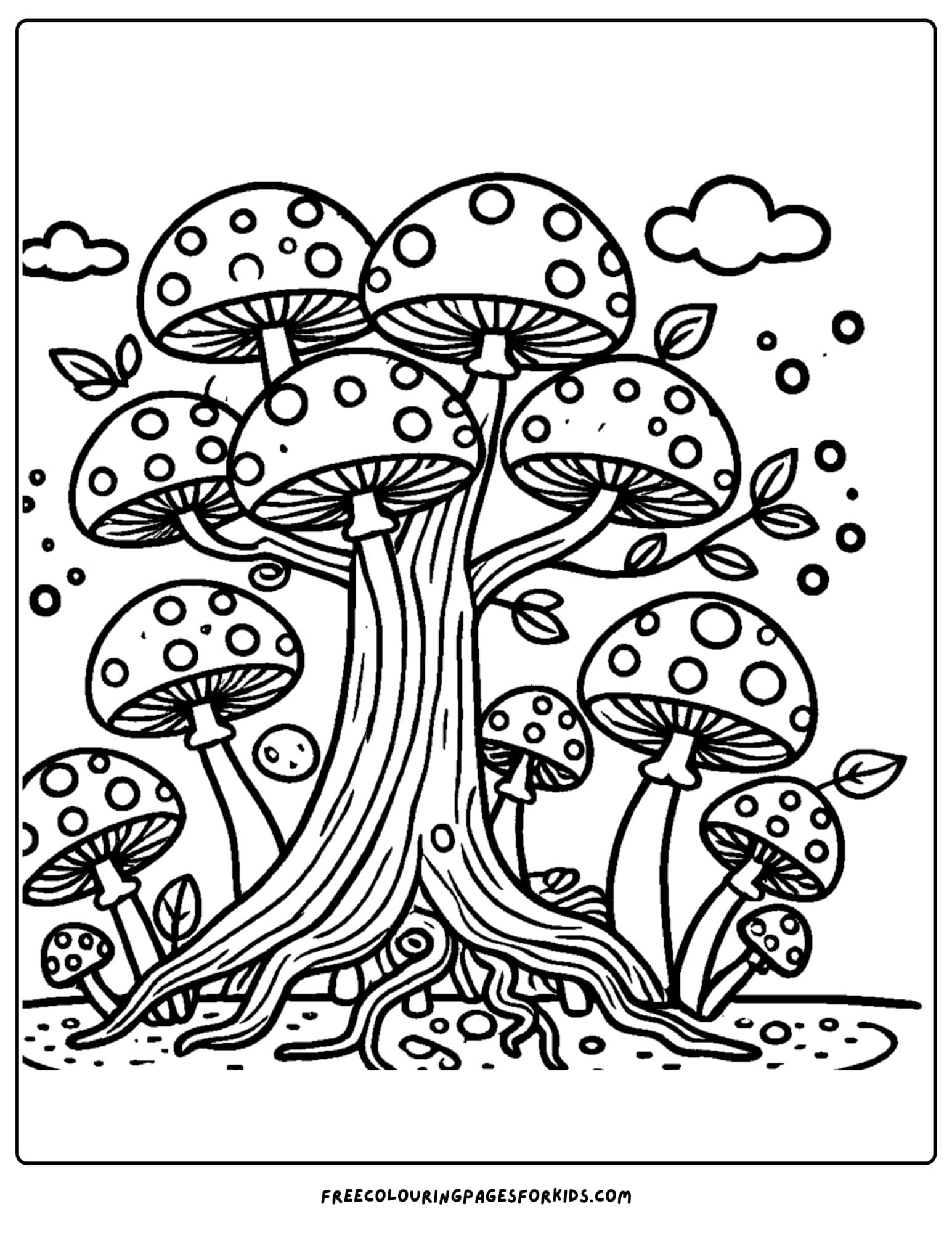 tree with mushrooms around it coloring page