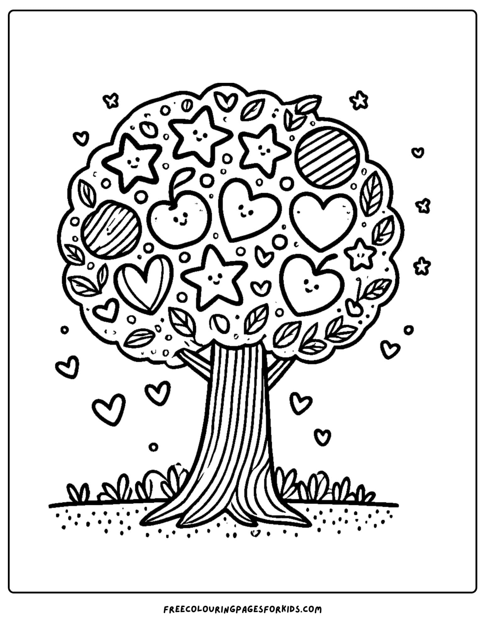 tree with fruit shaped hearts coloring page