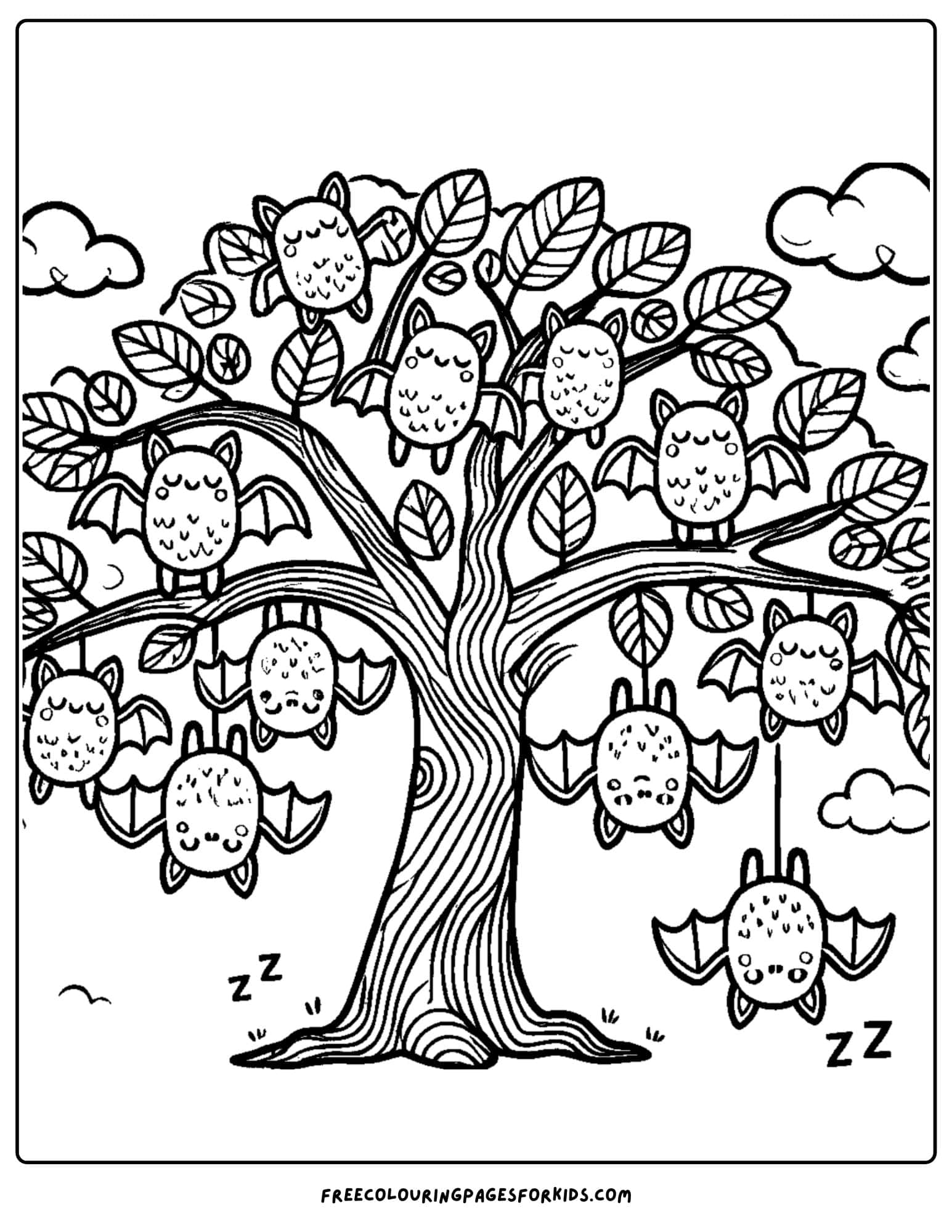 tree with sleeping bats in it coloring page