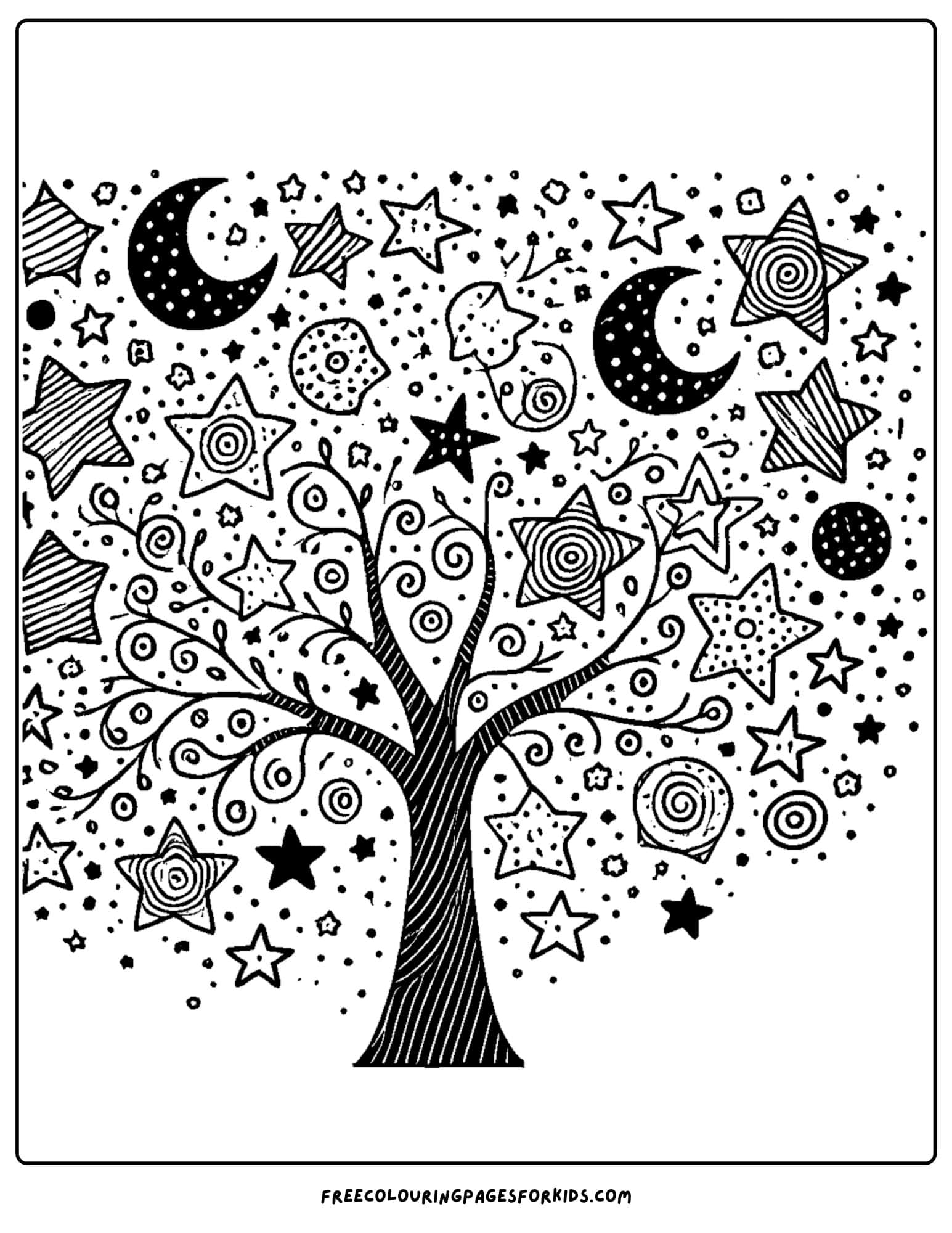 tree wit hstars and moons as leaves coloring page