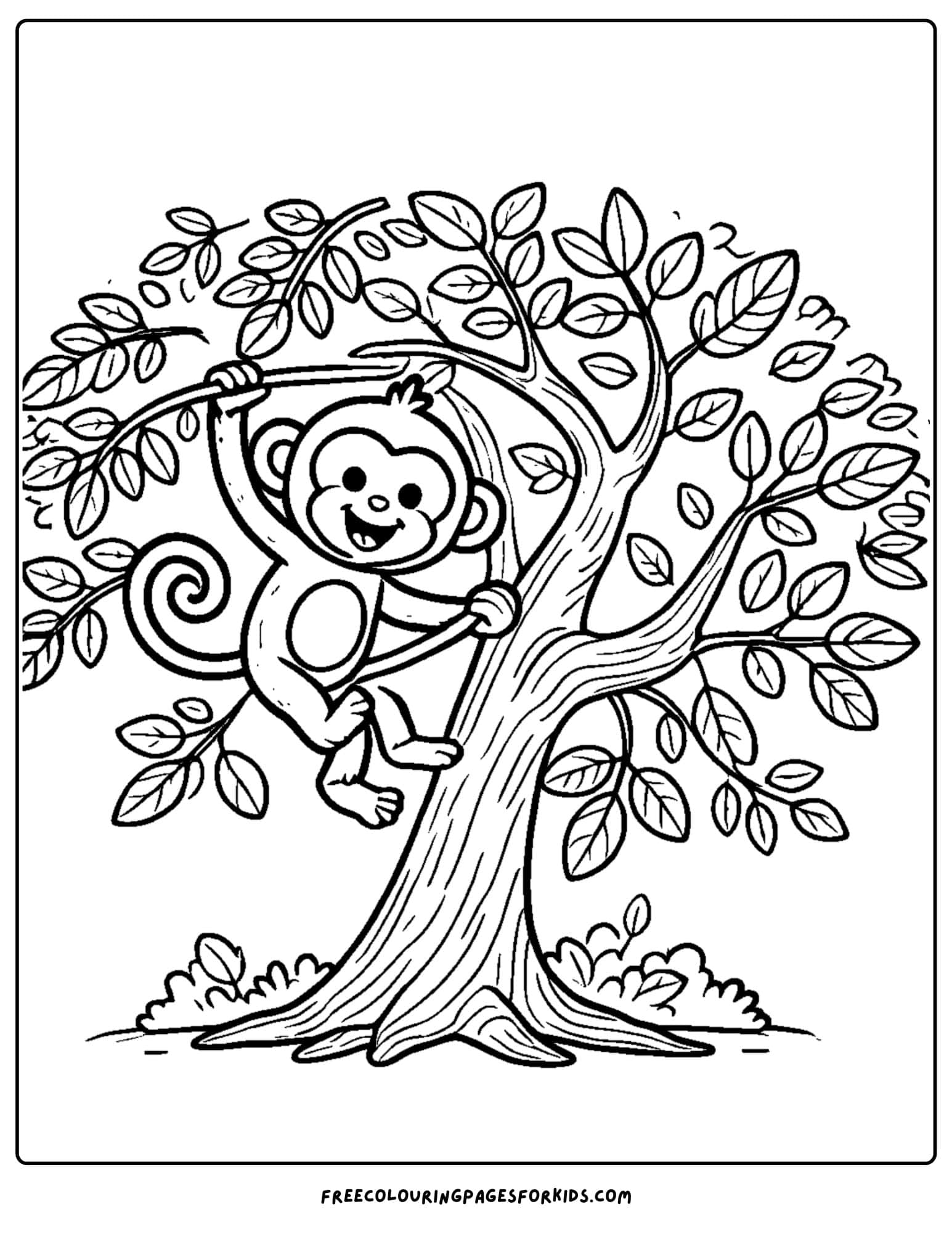 tree with a monkey swinging on the branches coloring page