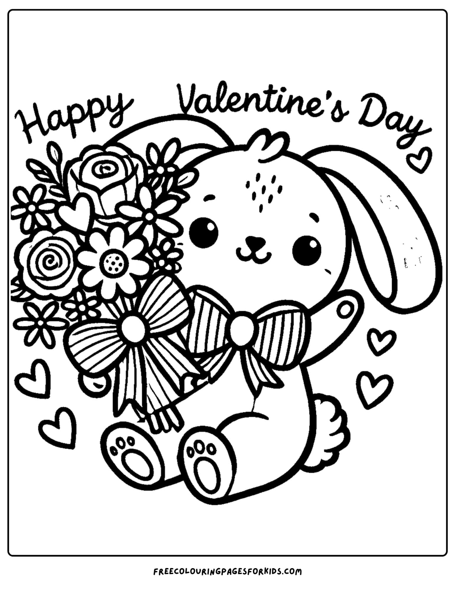 valentine day bunny holding flowers coloring page