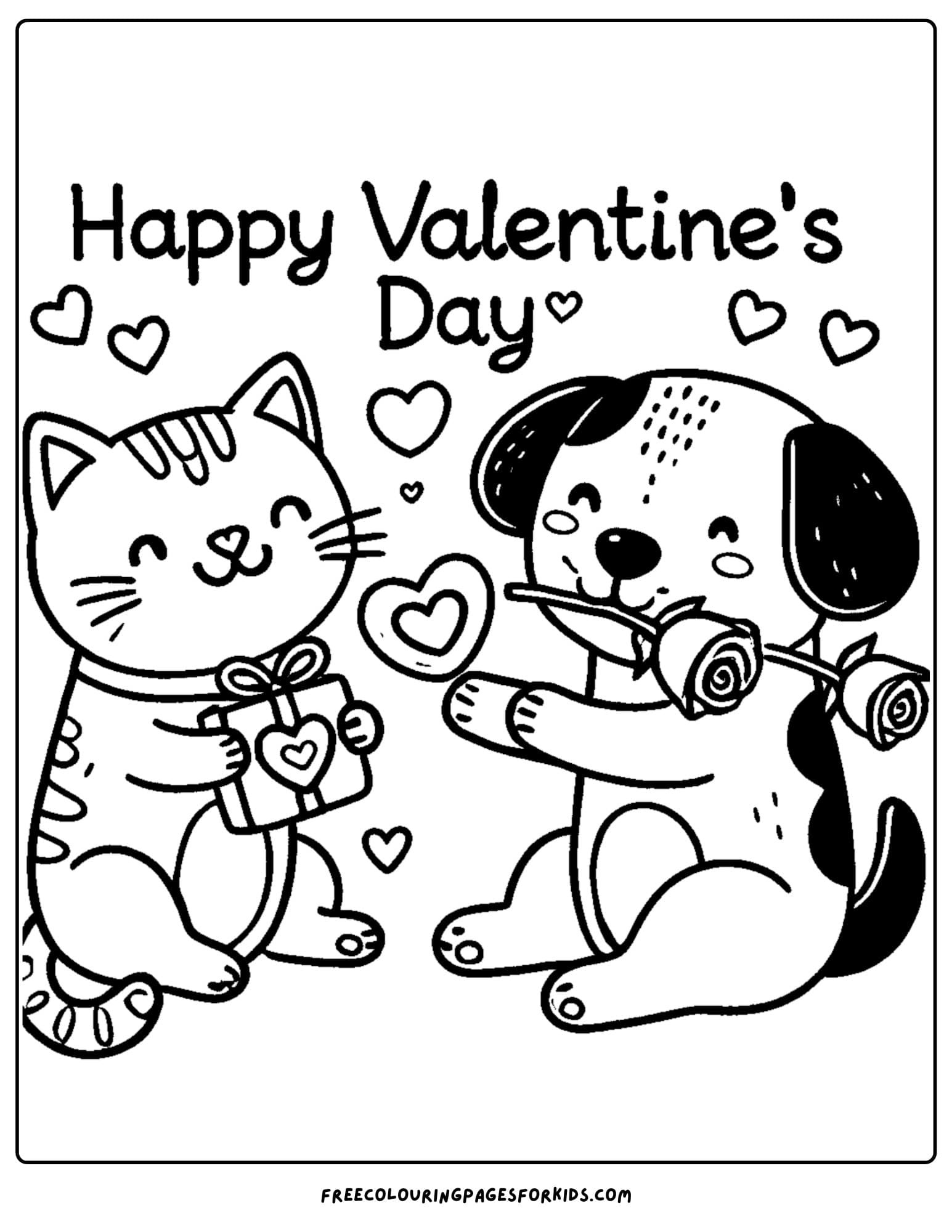 valentine day dog and cat with hearts coloring page