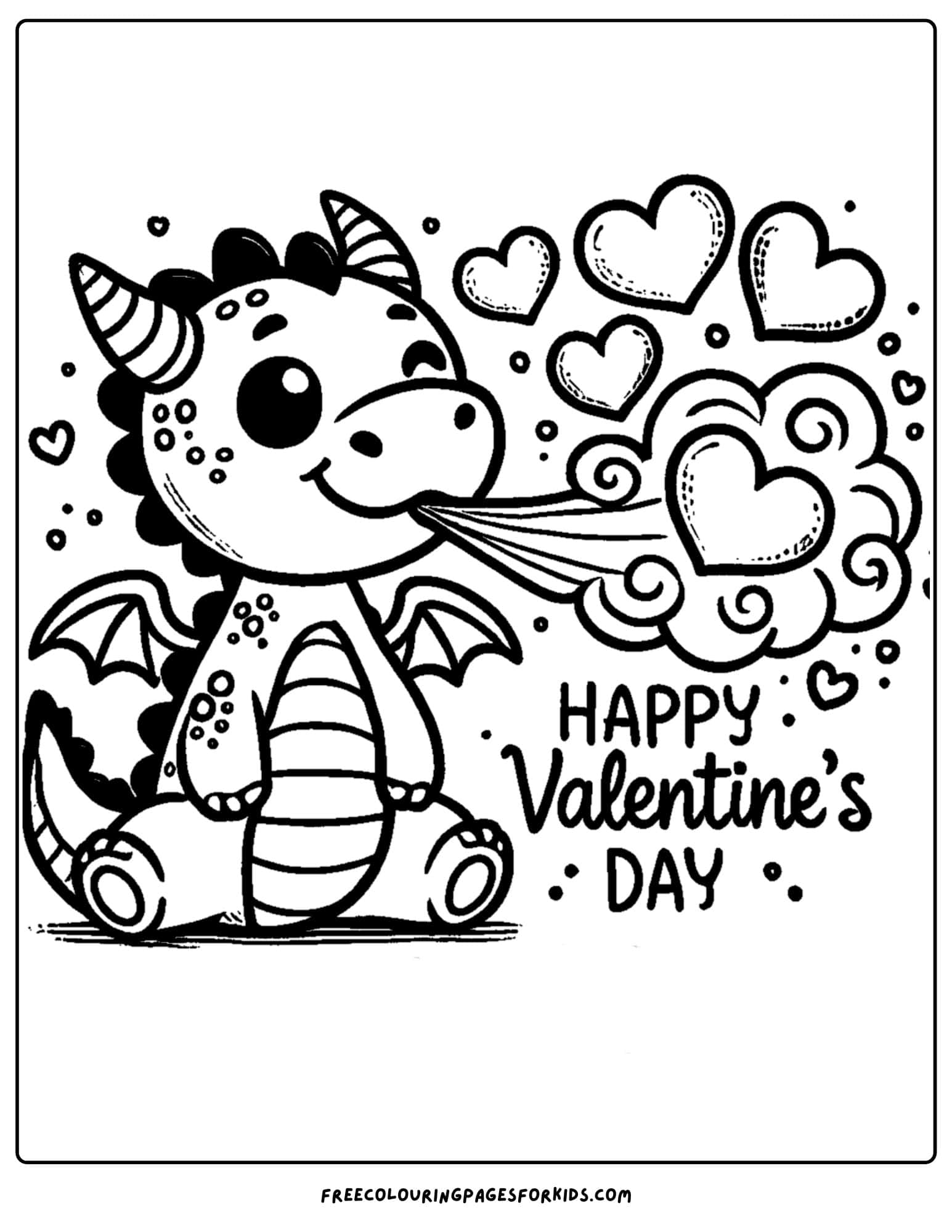 valentine day dragon with heart smoke coming from its mouth coloring page