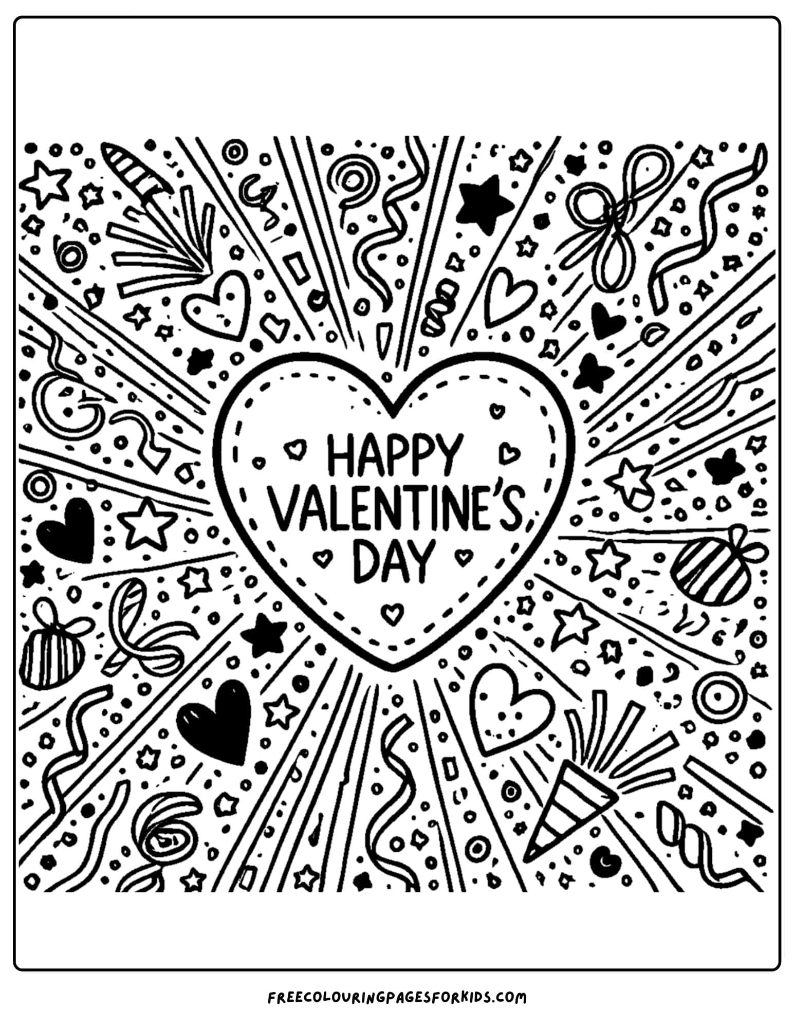 valentine day heart with confetti and streamers coloring page