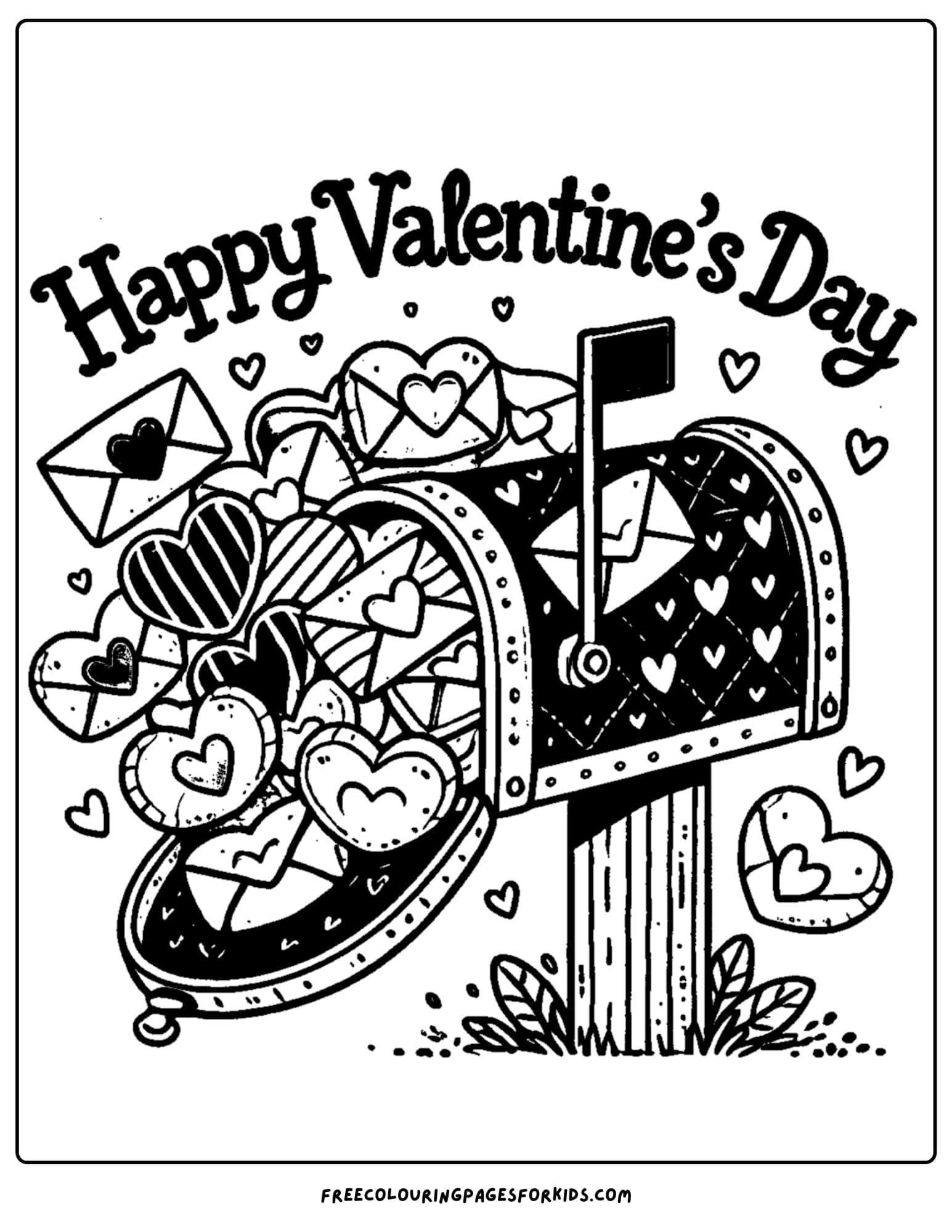 valentine day mailbox overflowing with cards coloring page