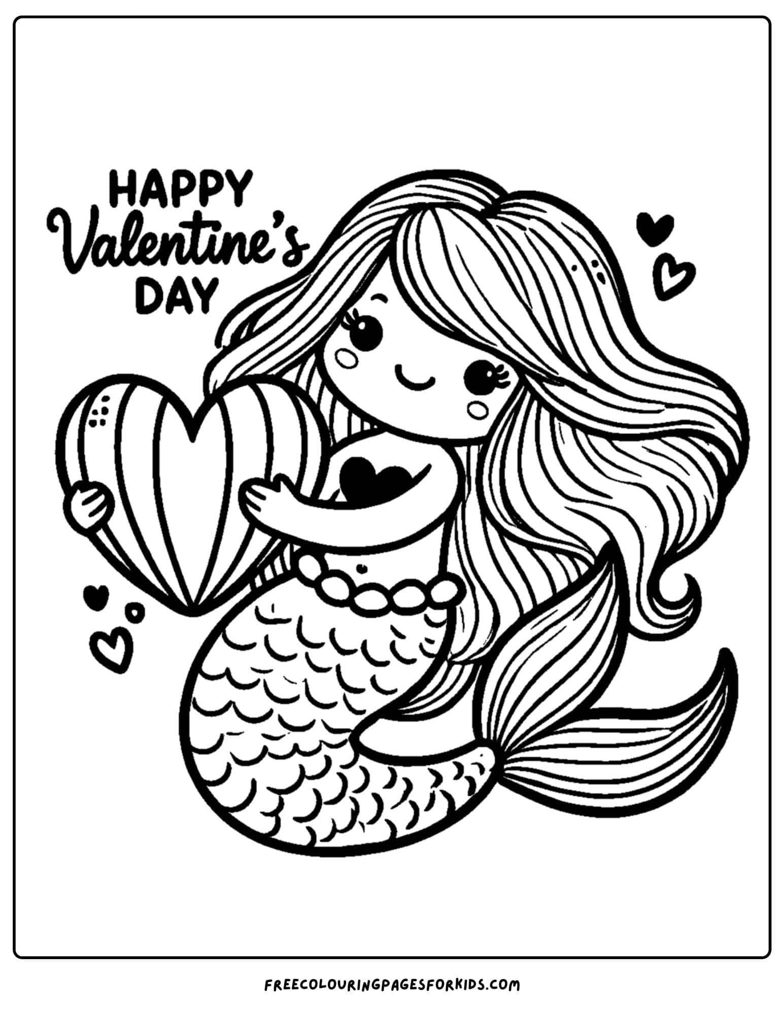 valentine day mermaid with a heart shaped shell coloring page