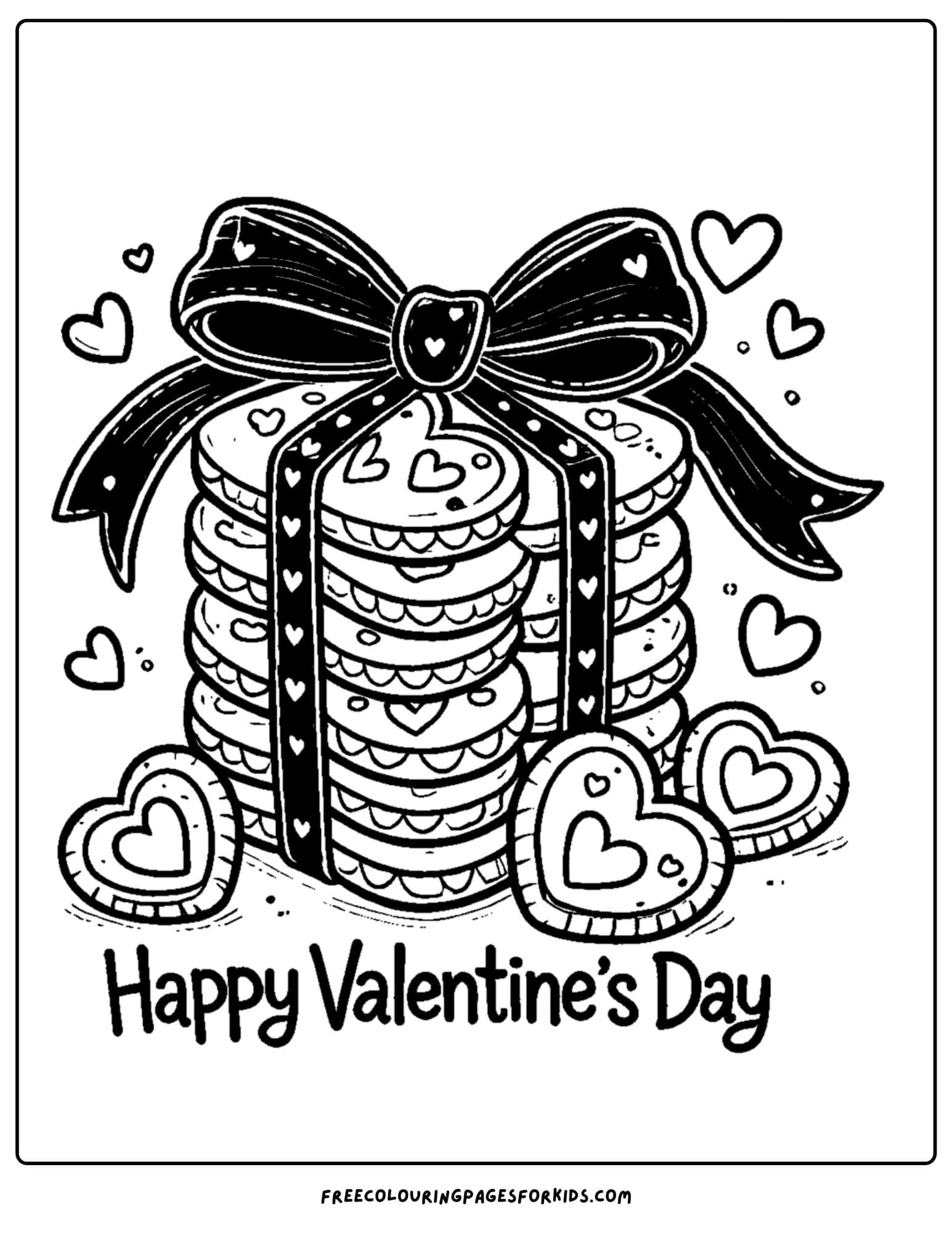 valentine day stack of hearts tied up as a present coloring page