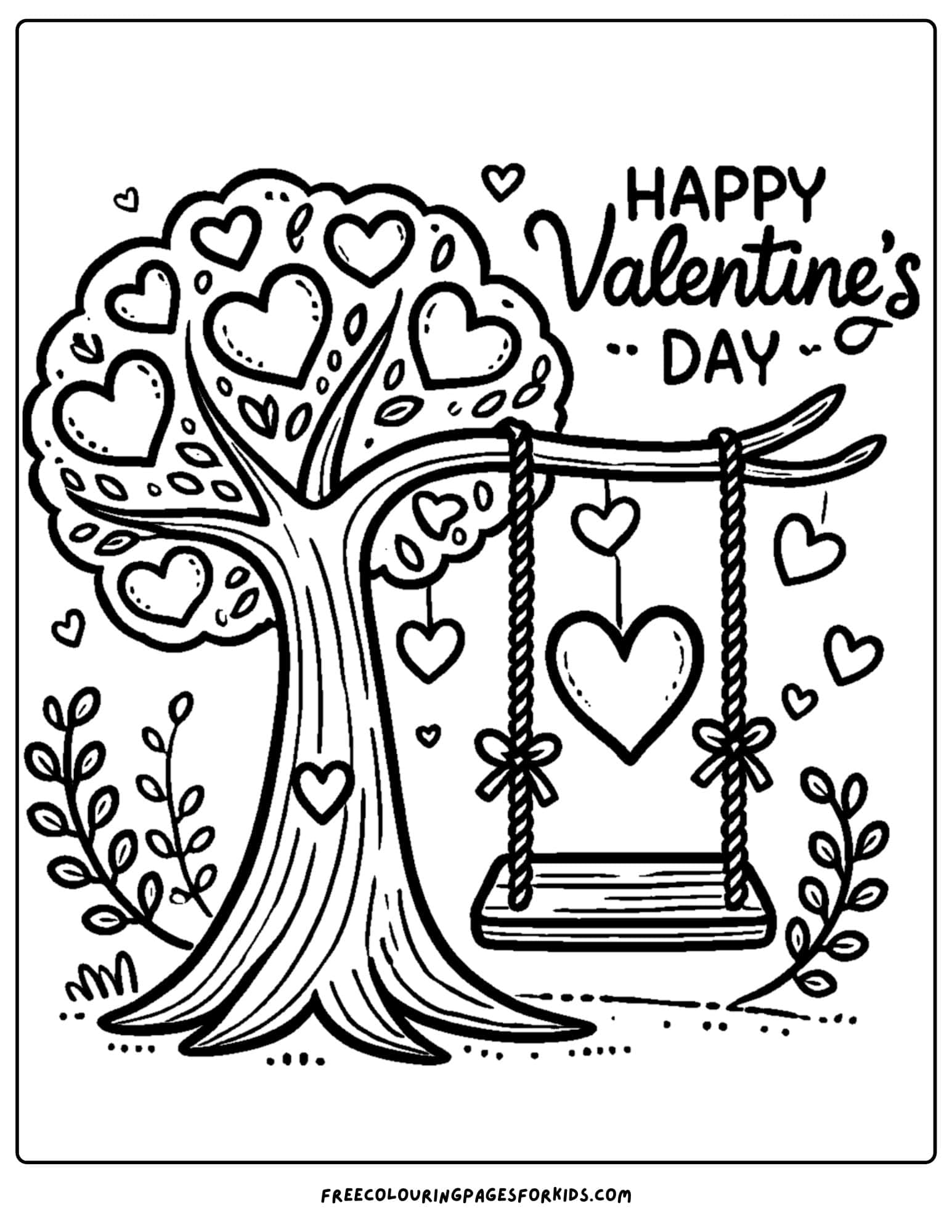 valentine day tree swing with hearts coloring page