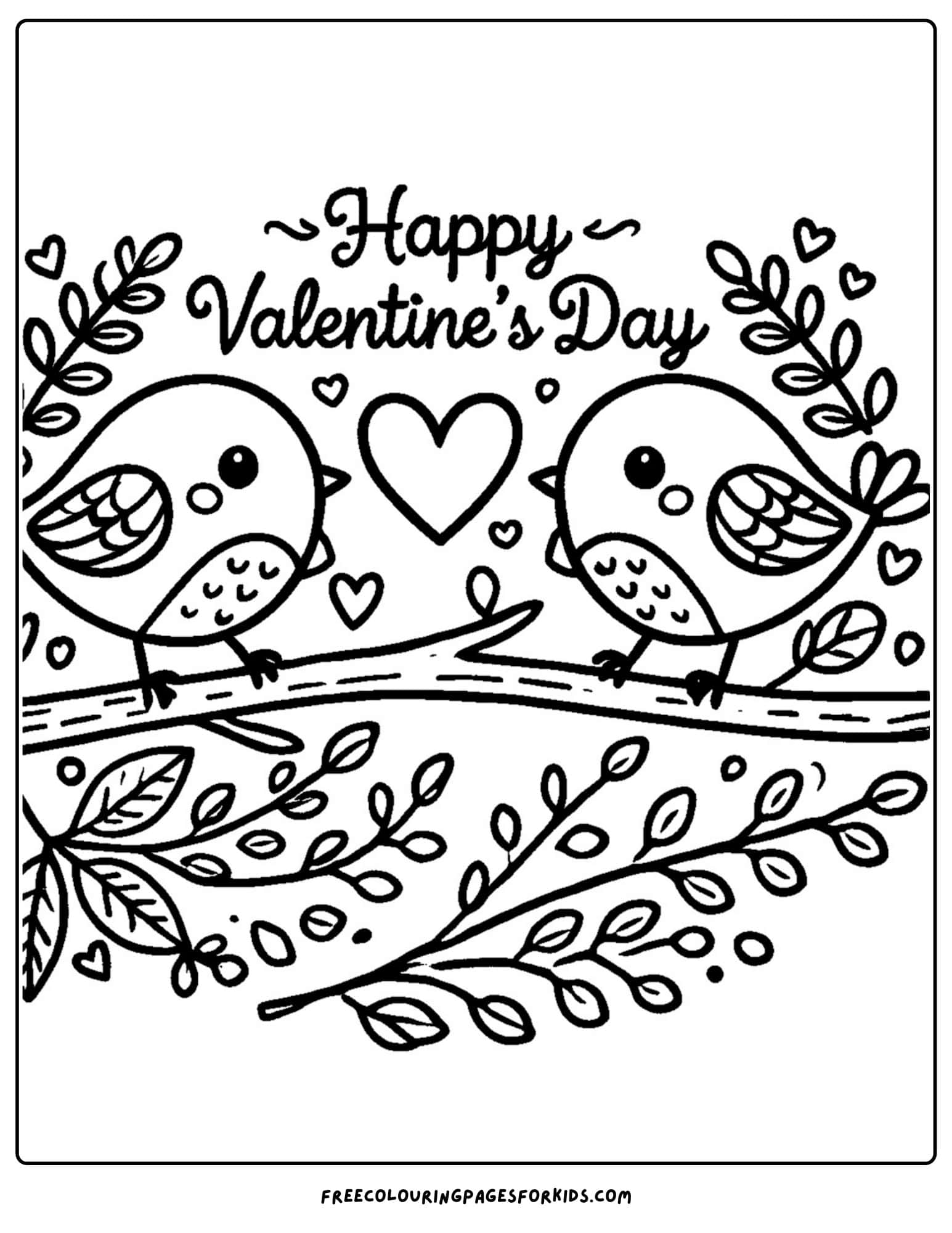 valentine day lovebirds on a branch together coloring page