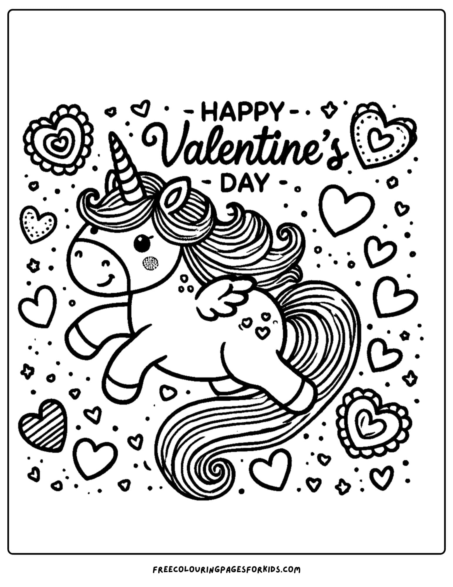 valentine day unicorn with floating hearts coloring page