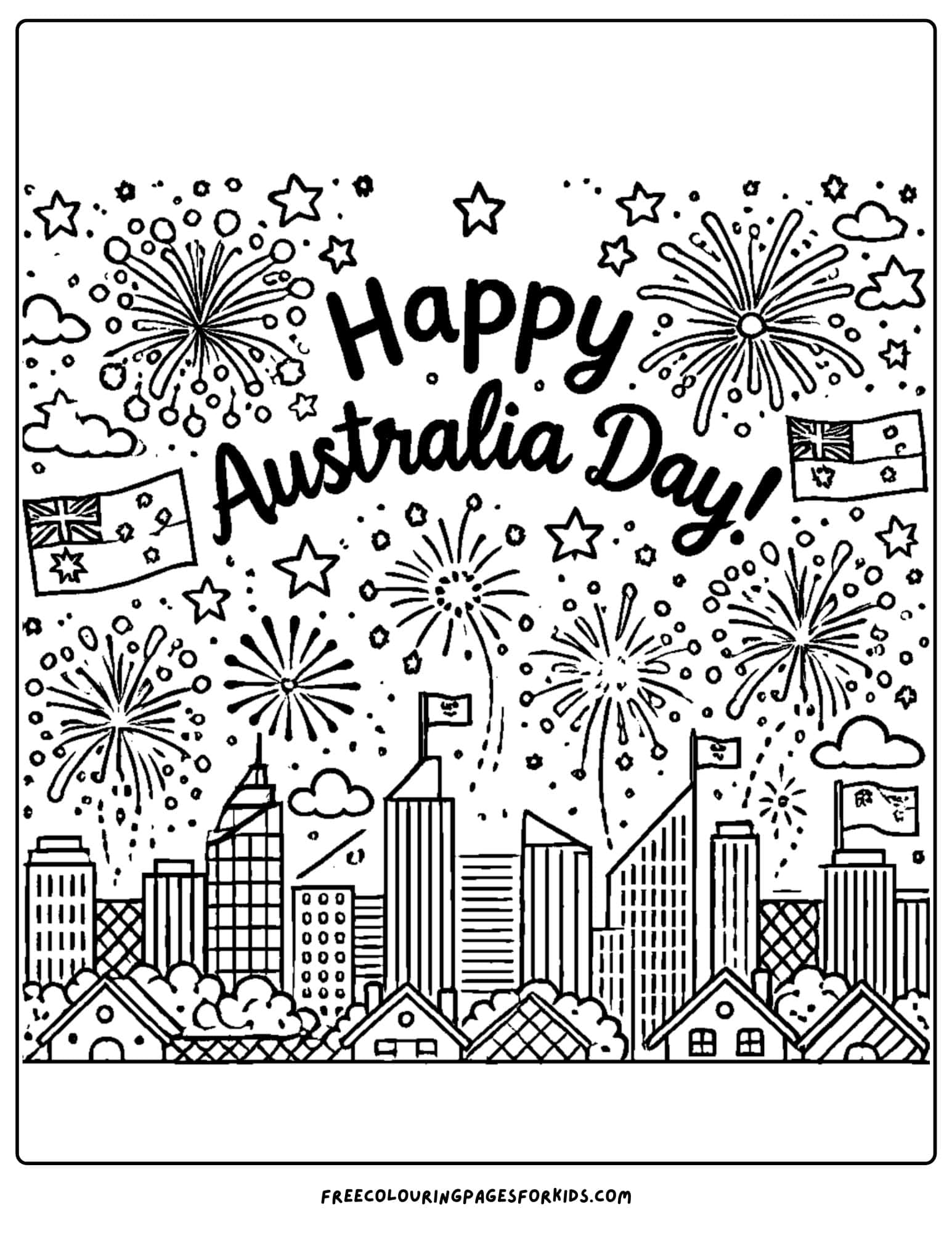 australia day fireworks cityscape coloring page