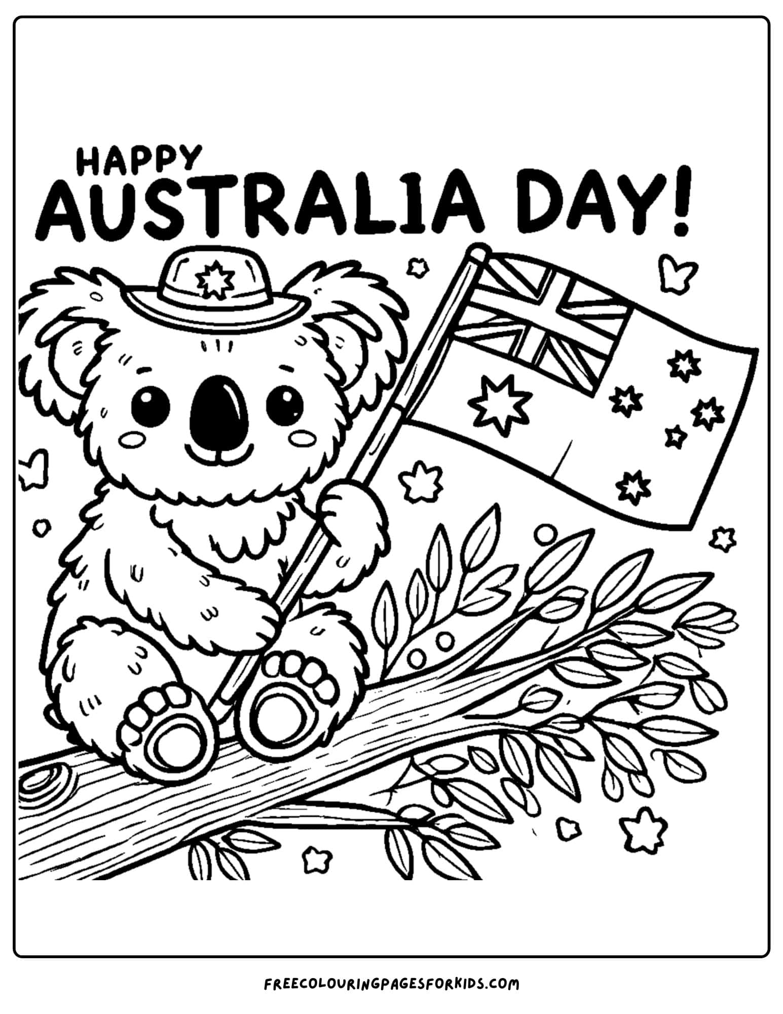 australia day koala with flag coloring page