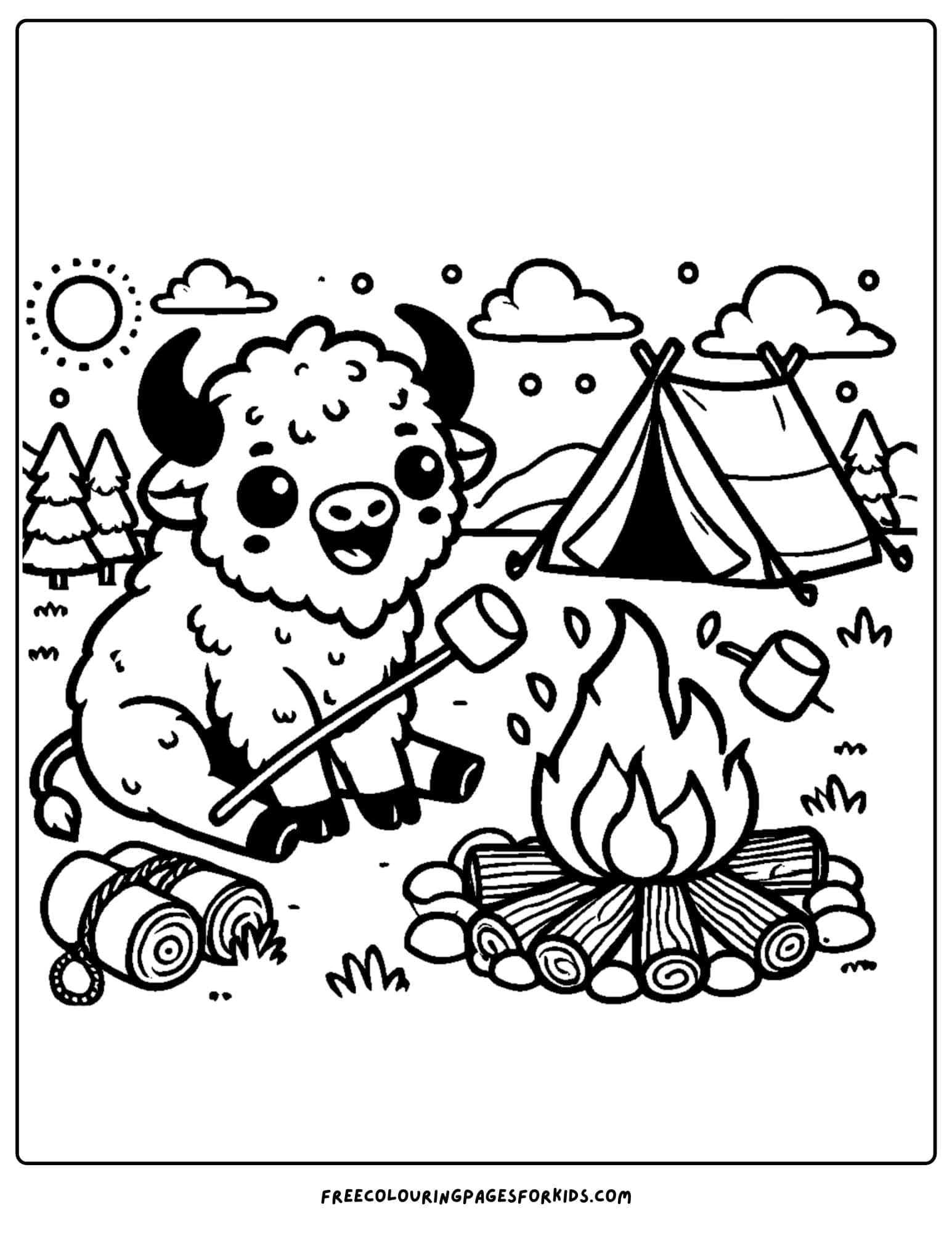 buffalo sitting by a campfire coloring page