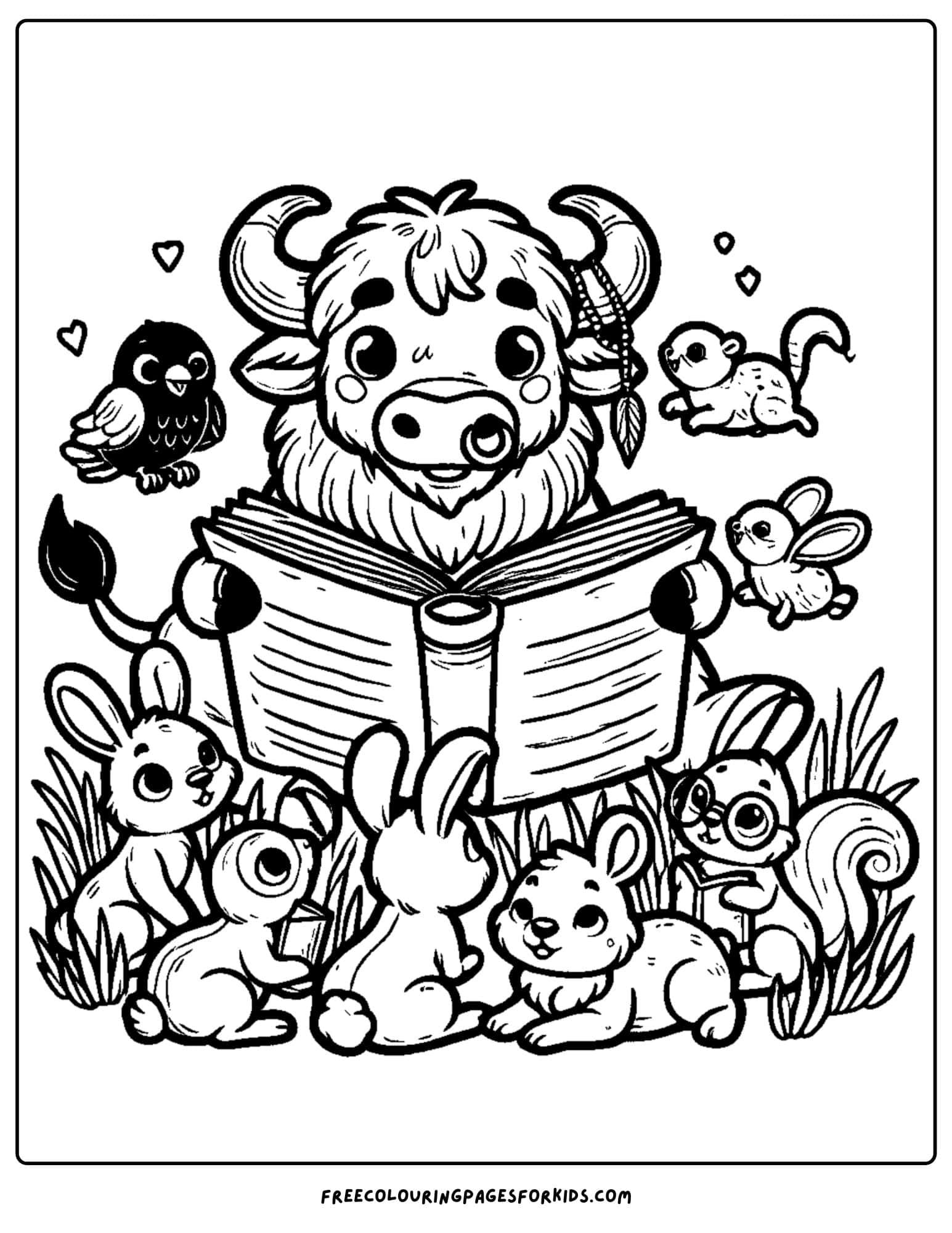 buffalo reading a story to other animals coloring page