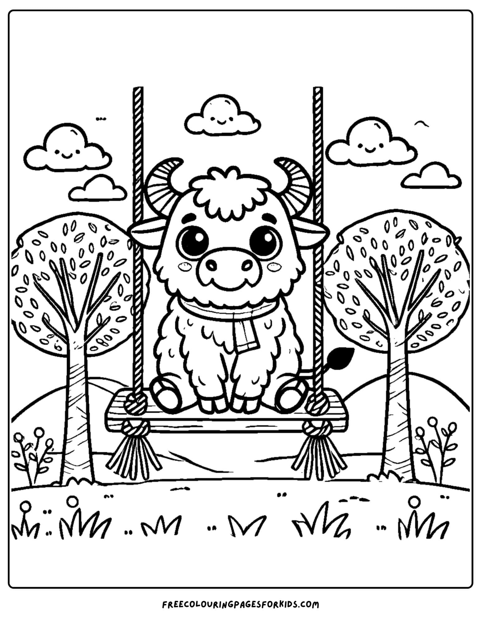 buffalo sitting on a tree swing coloring page