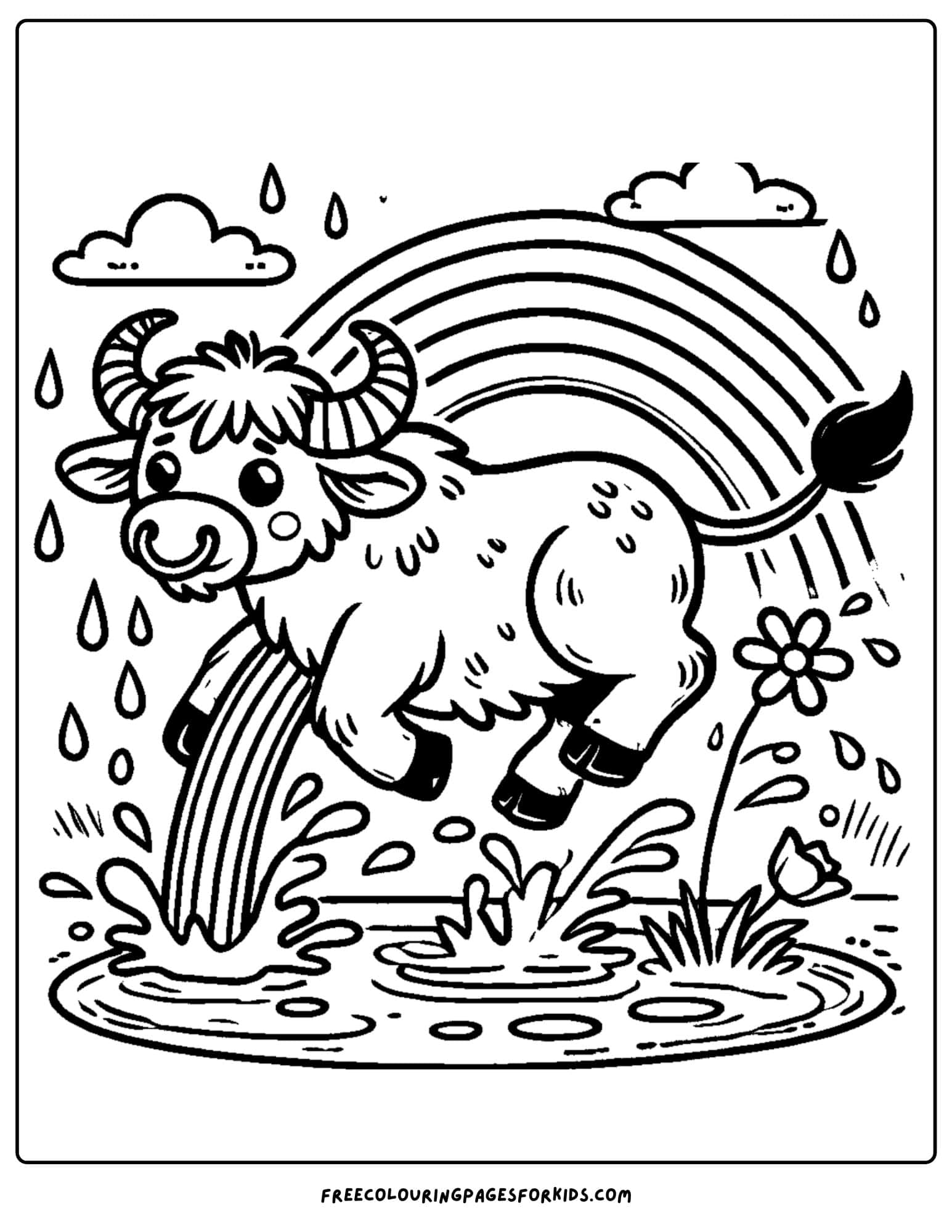 buffalo splashing around in a puddle with a rainbow coloring page