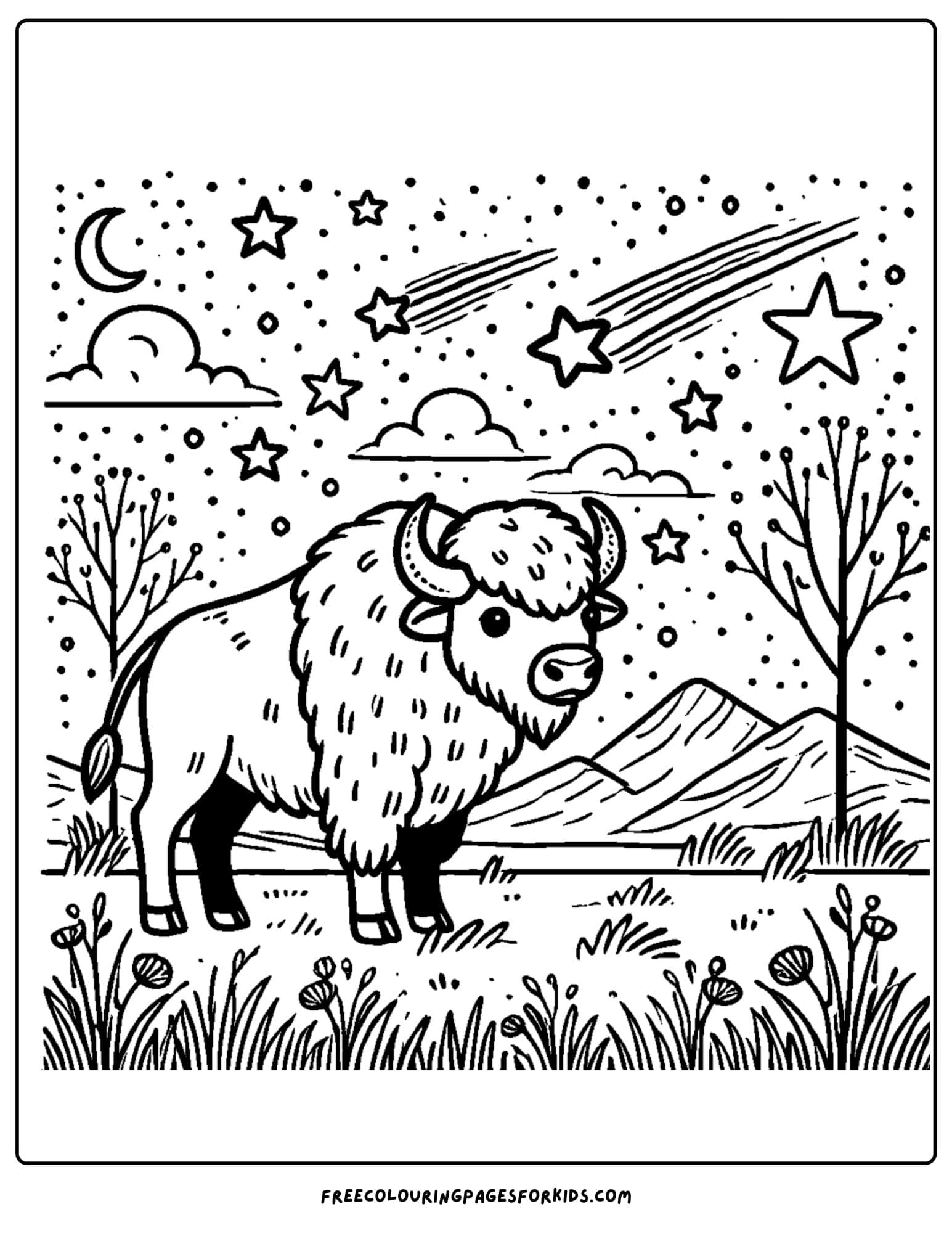 buffalo under a night sky coloring page