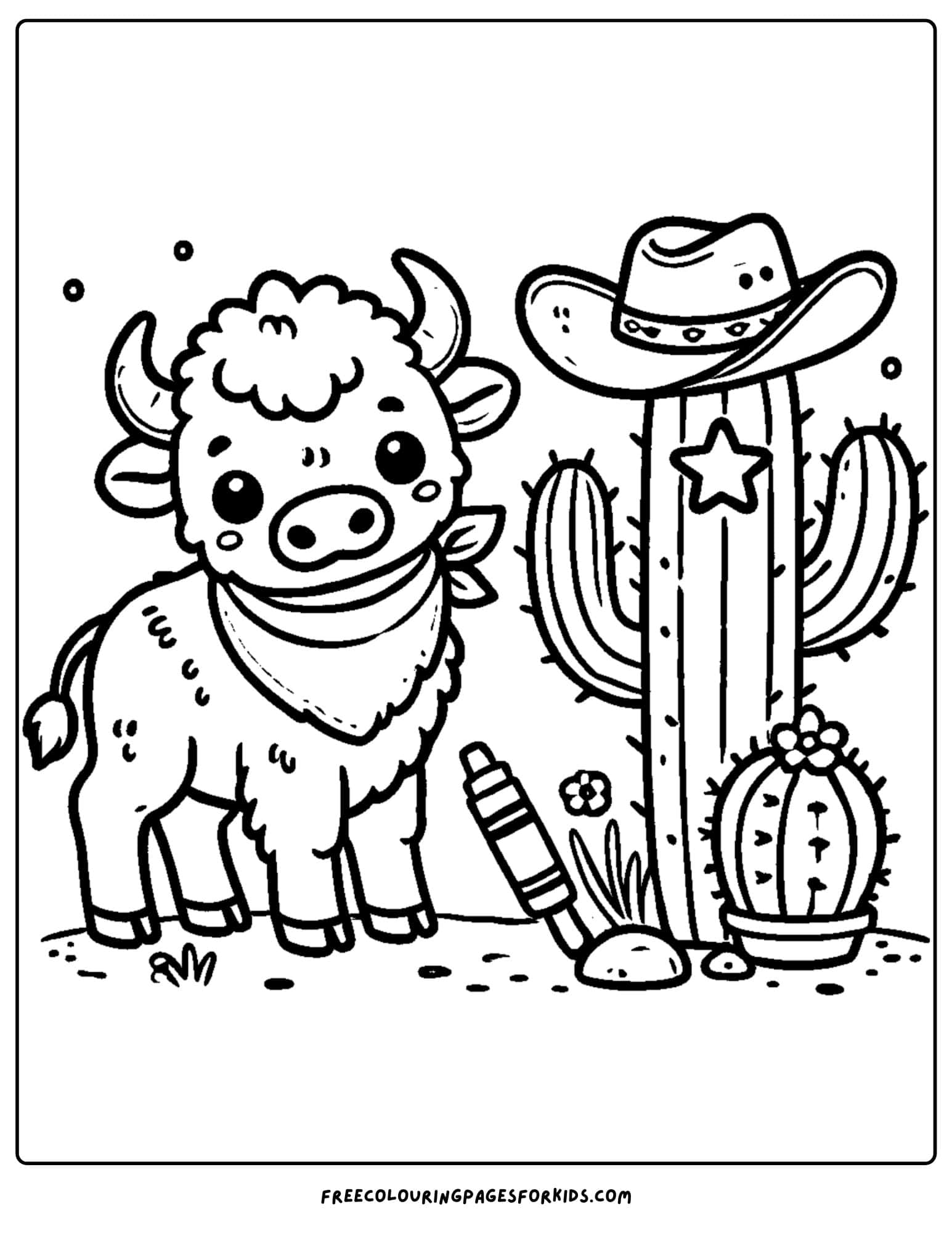 buffalo and a cactus wearing a coyboy hat coloring page